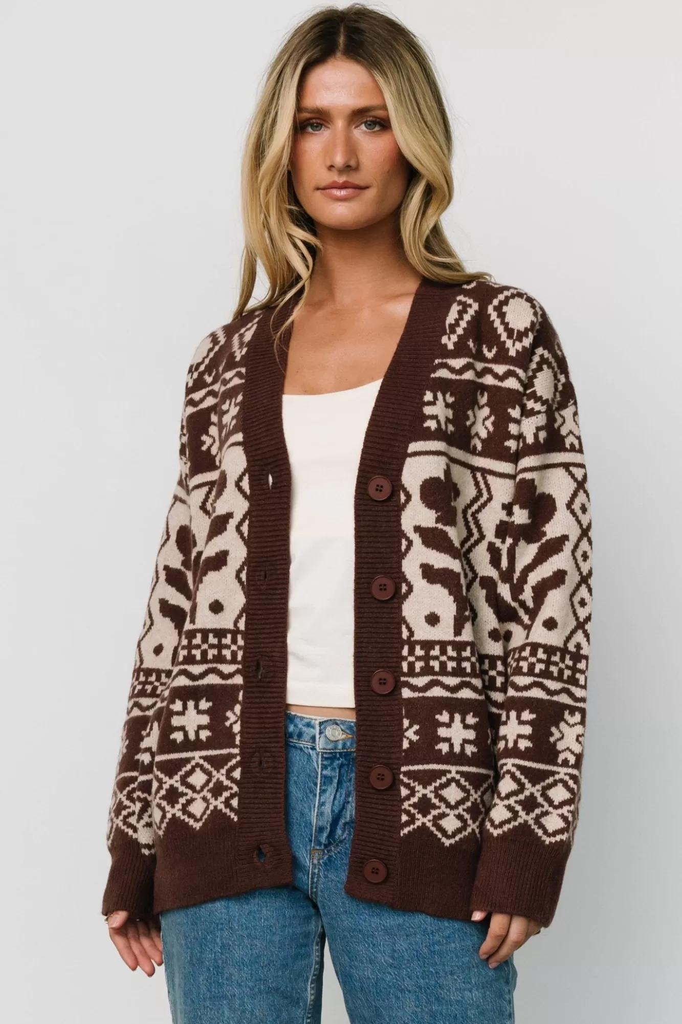 Baltic Born Sweaters | Cardigans | Jackson Oversized Cardigan | Dark Mocha Print