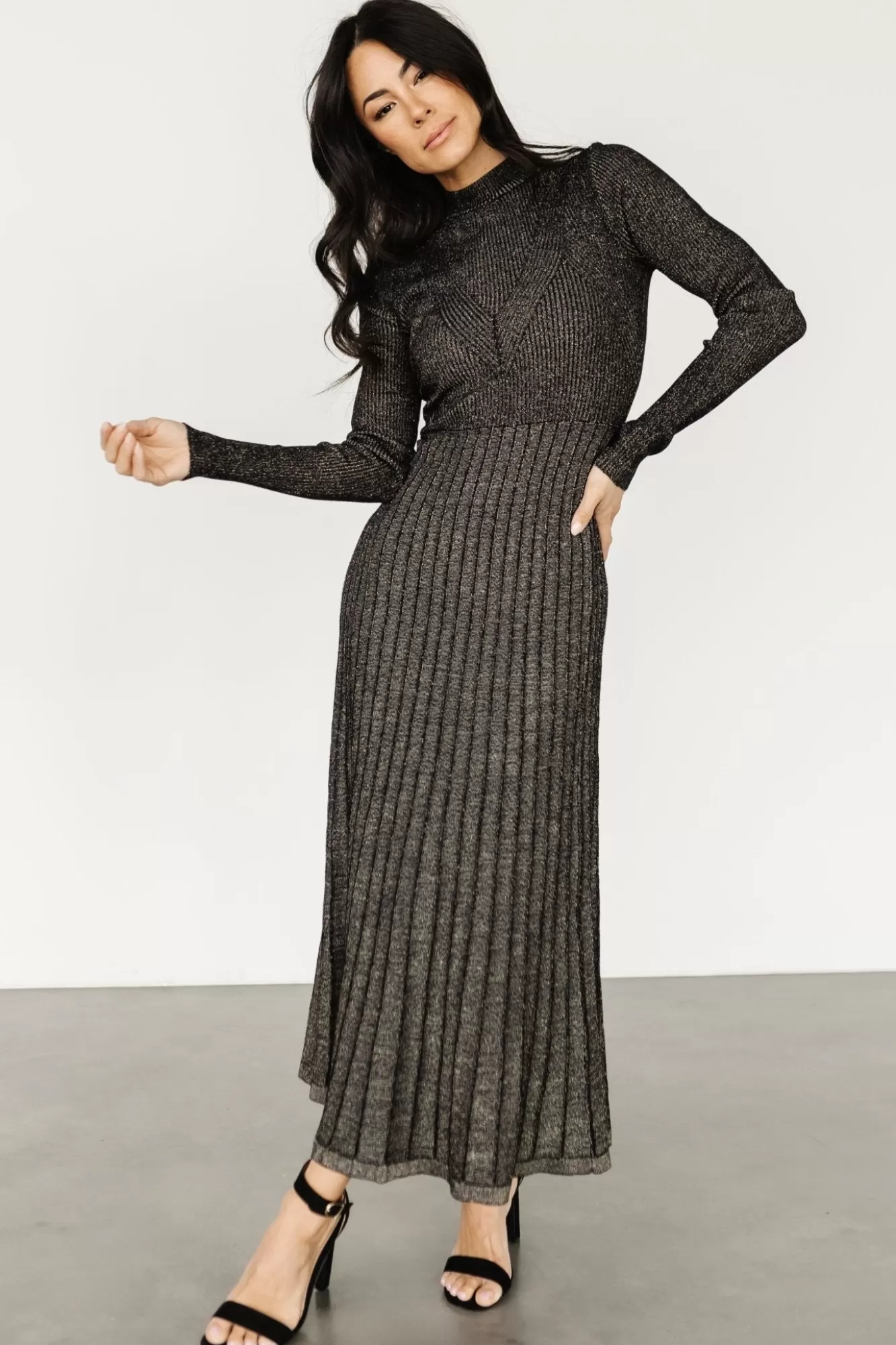 Baltic Born Maxi Dresses | Maxi Dresses | Jamelia Pleated Sweater Dress | Black + Gold