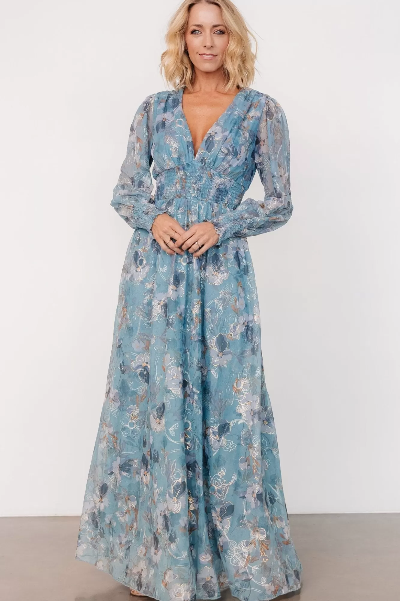 Baltic Born Maxi Dresses | Maxi Dresses | Jolie Embroidered Tulle Dress | Blue + Gold Floral