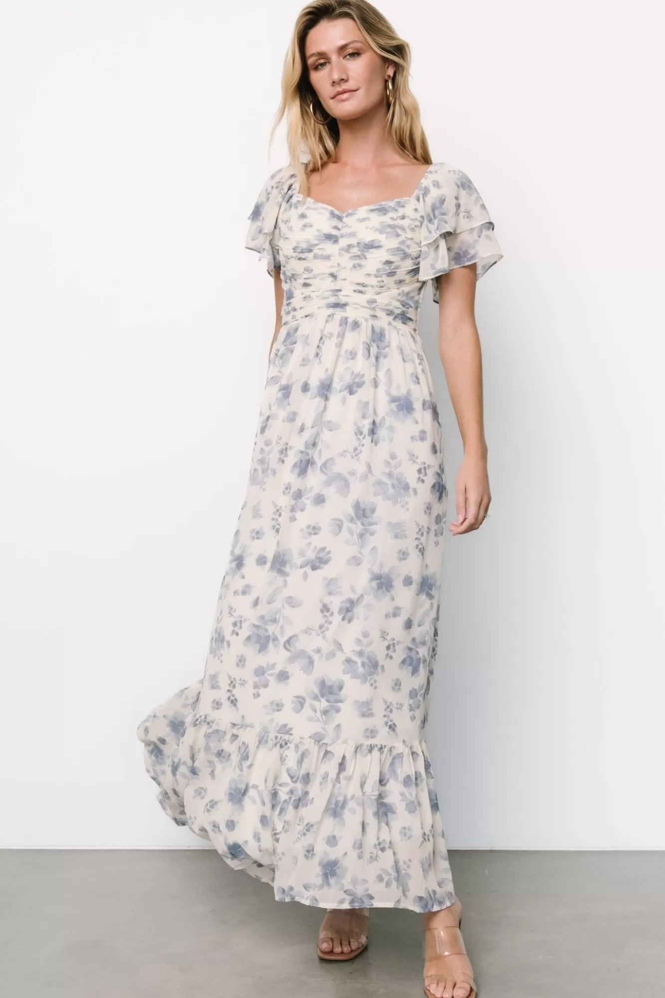 Baltic Born Maxi Dresses | Maxi Dresses | Juliana Pleated Top Dress | Ivory + Blue Floral