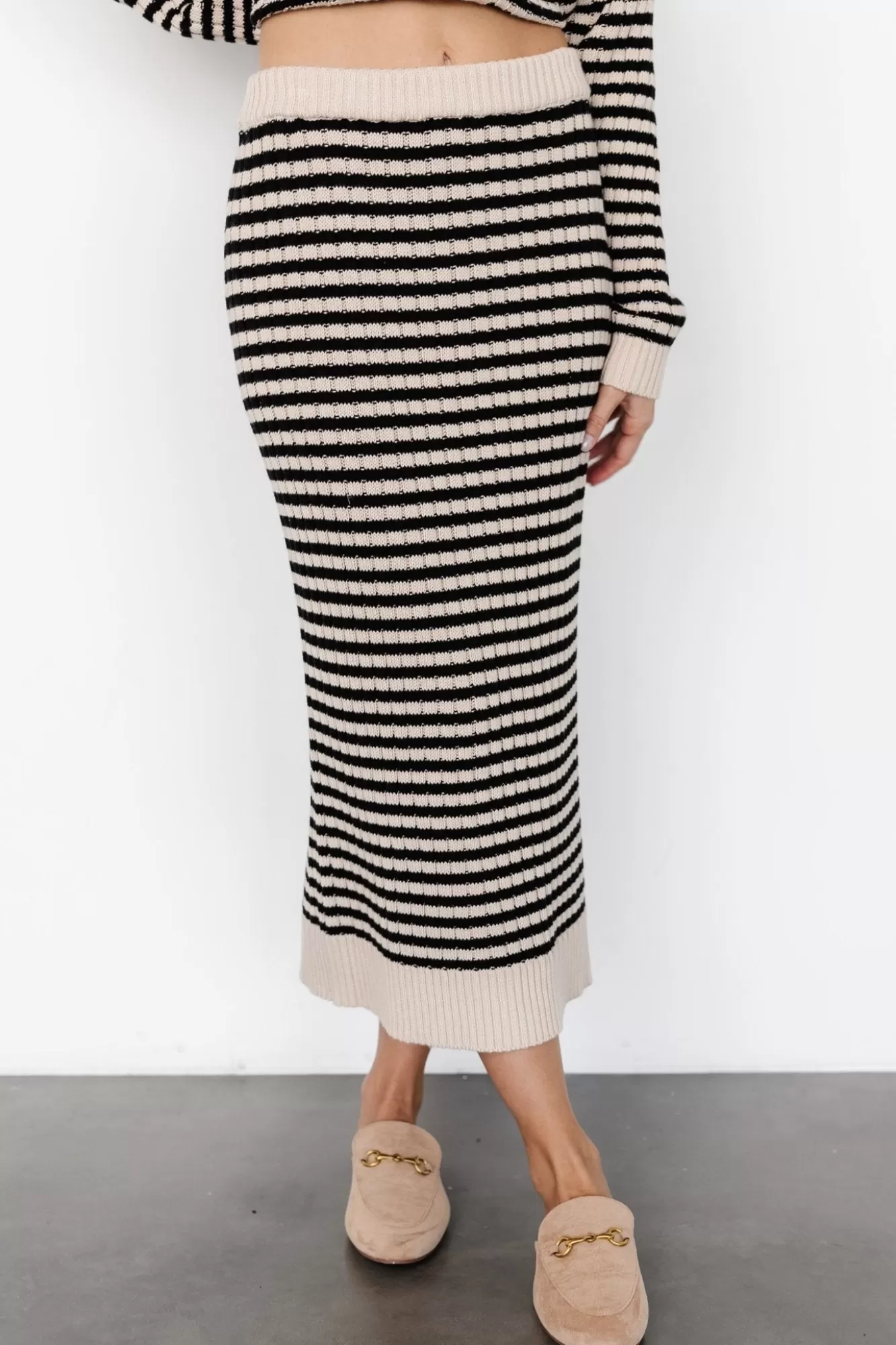 Baltic Born Midi Dresses | Midi Dresses | Justina Striped Knit Skirt | Black + Cream