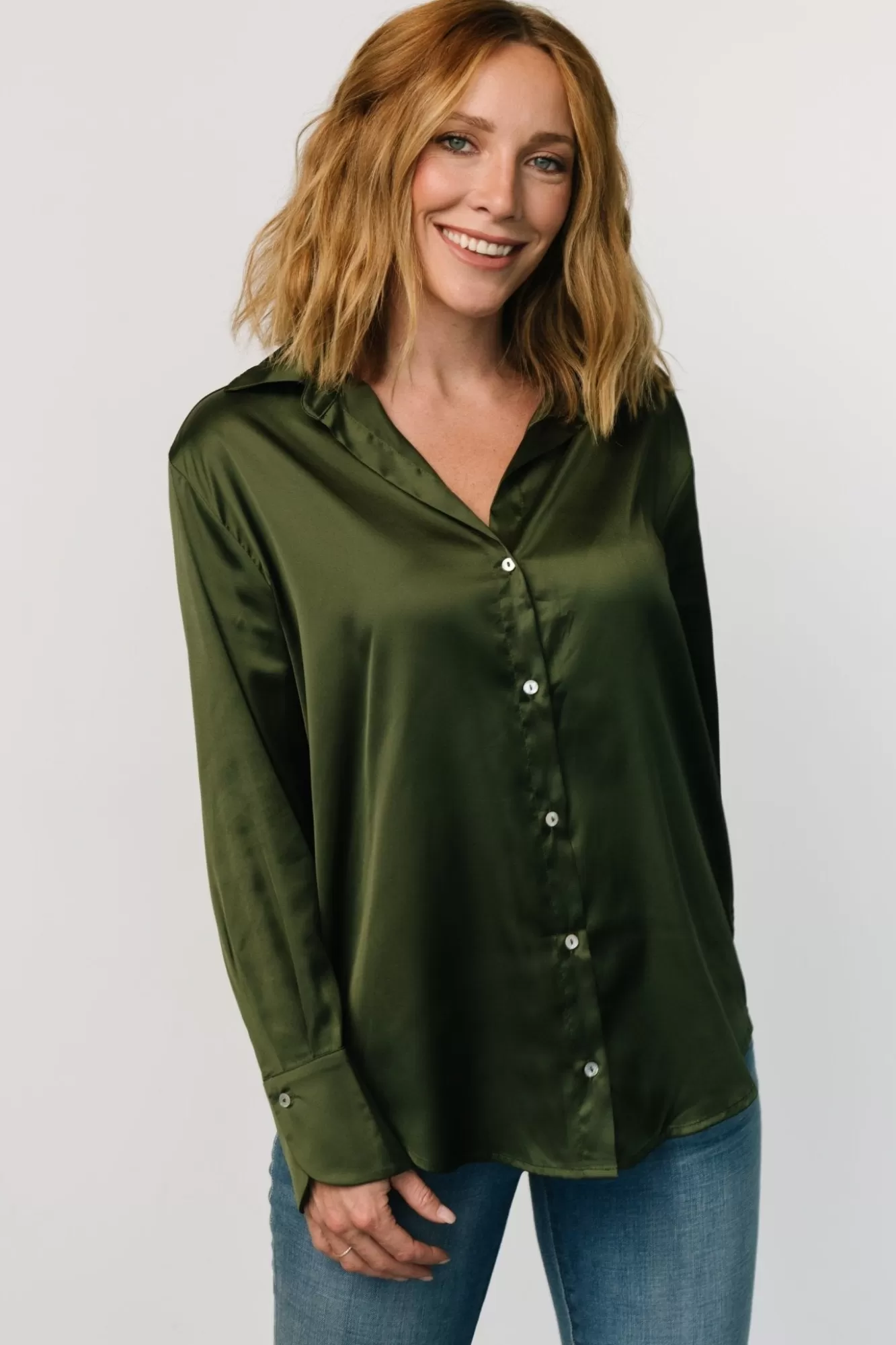 Baltic Born Blouses + Shirts | Kacey Satin Button Up Top | Dark Green