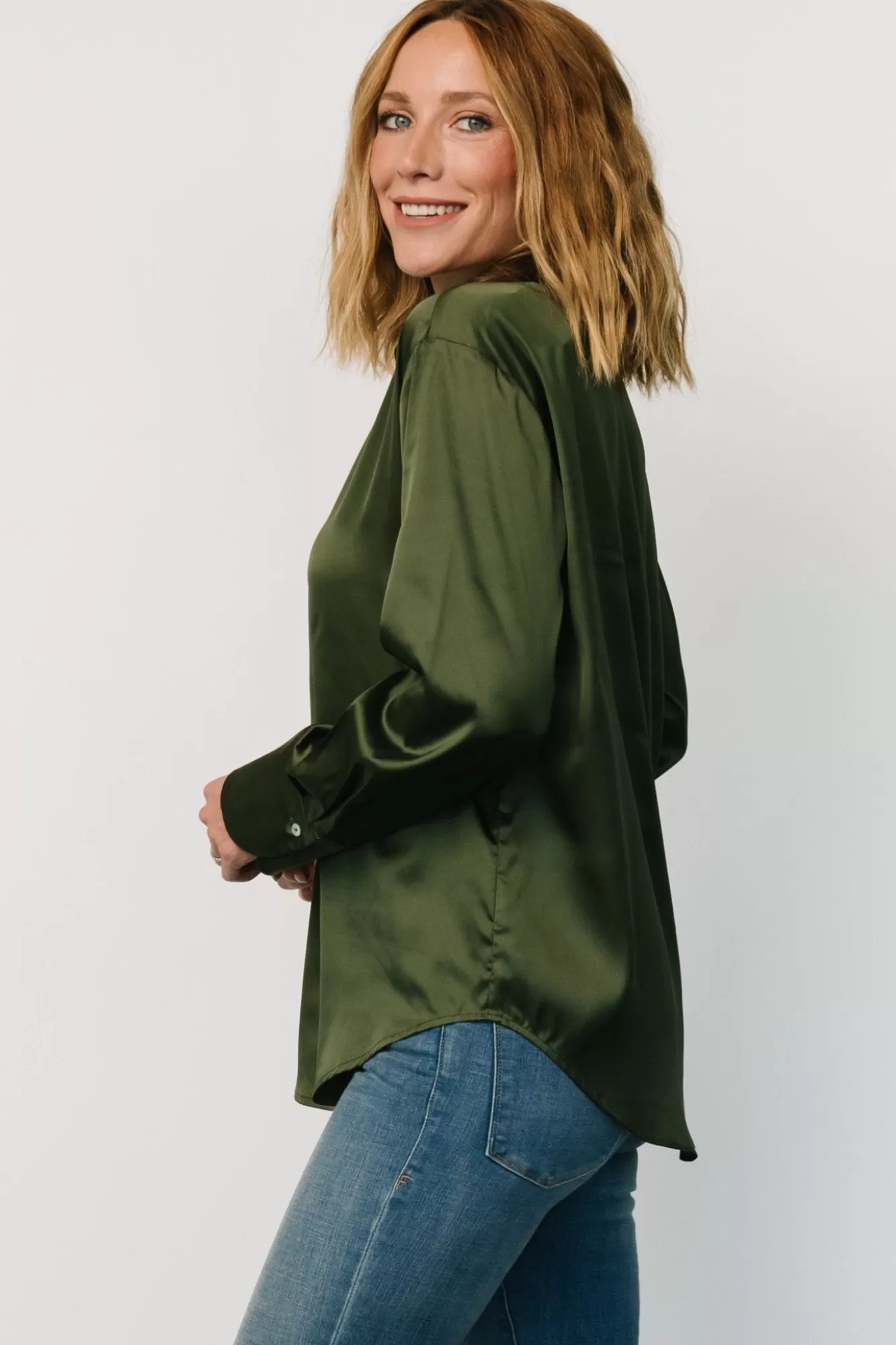 Baltic Born Blouses + Shirts | Kacey Satin Button Up Top | Dark Green