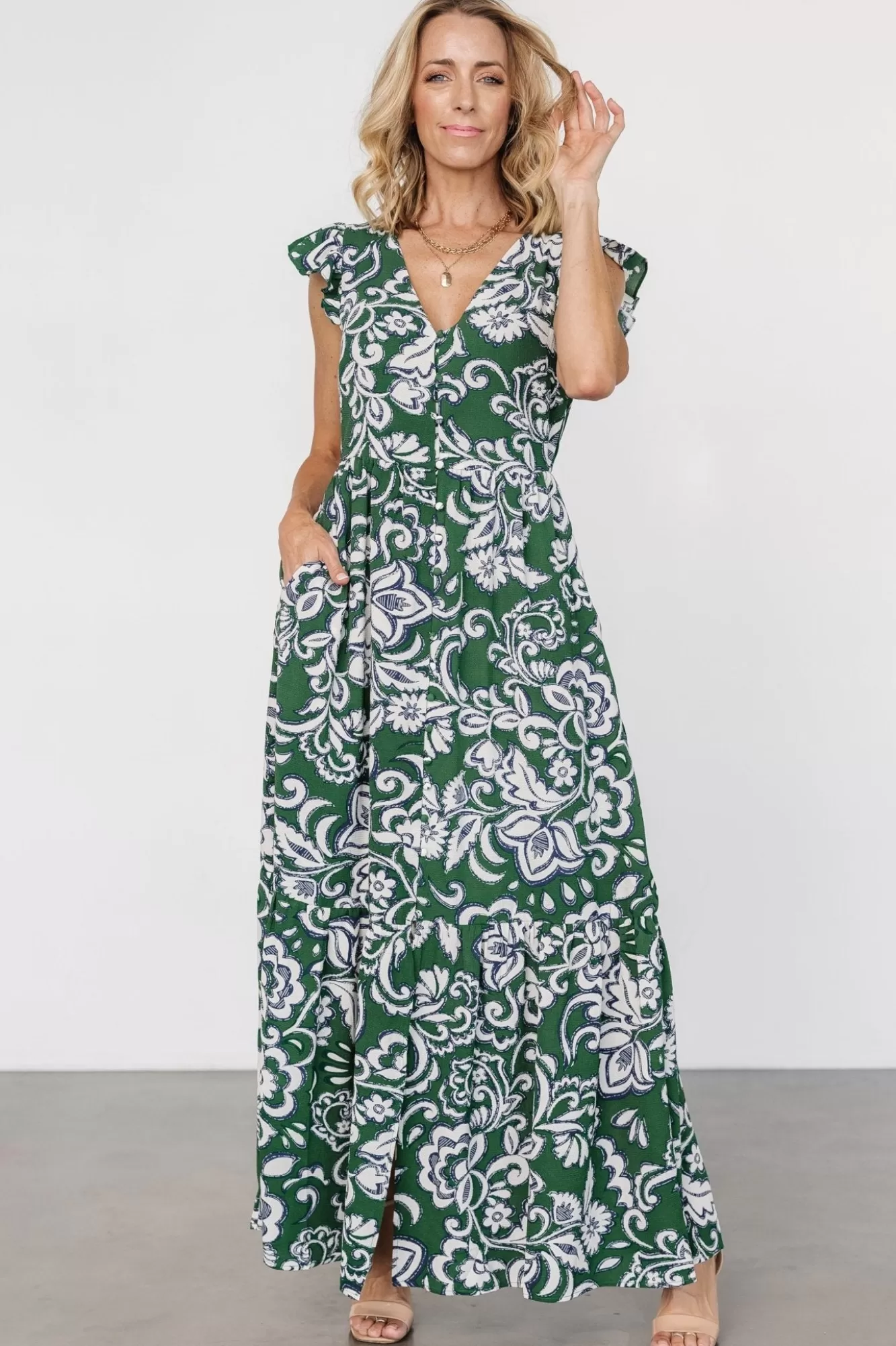 Baltic Born Maxi Dresses | Maxi Dresses | Kaia Button Maxi Dress | Green Print