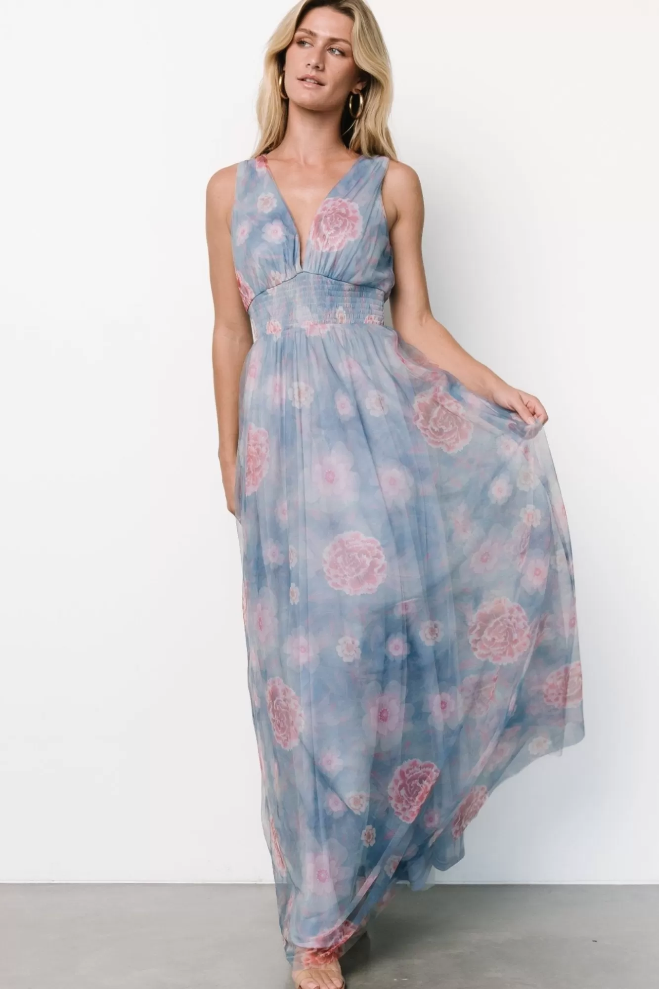 Baltic Born Maxi Dresses | Maxi Dresses | Kamila Tulle Maxi Dress | Light Blue + Pink Floral