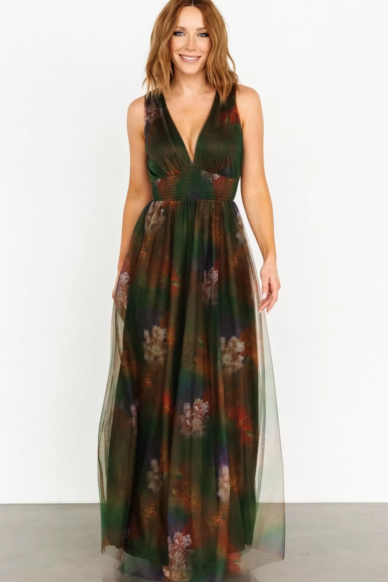 Baltic Born Maxi Dresses | Maxi Dresses | Kamila Tulle Maxi Dress | Olive Multi Floral