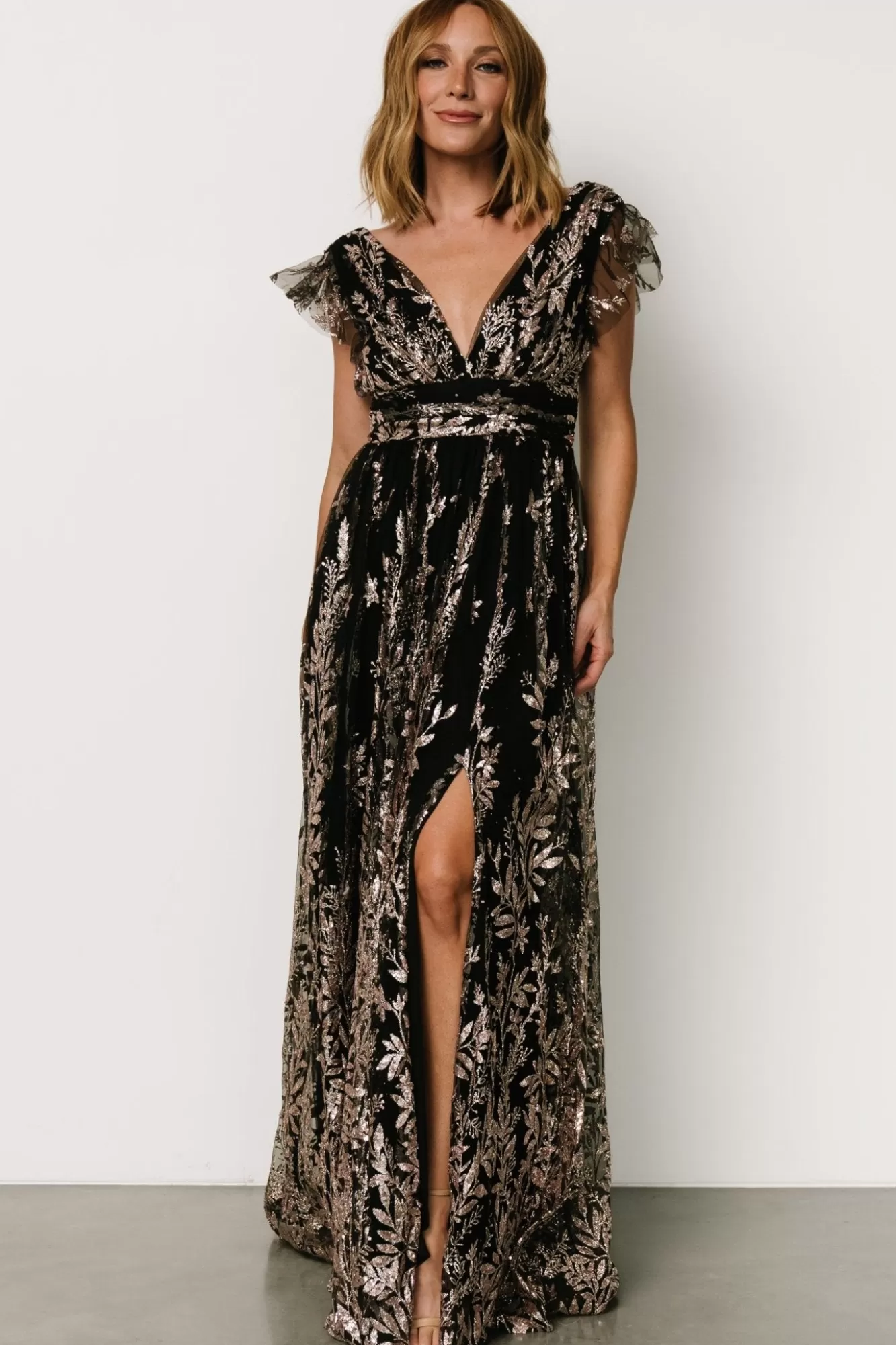 Baltic Born Maxi Dresses | Maxi Dresses | Karina Shimmer Gown | Black + Rose Gold