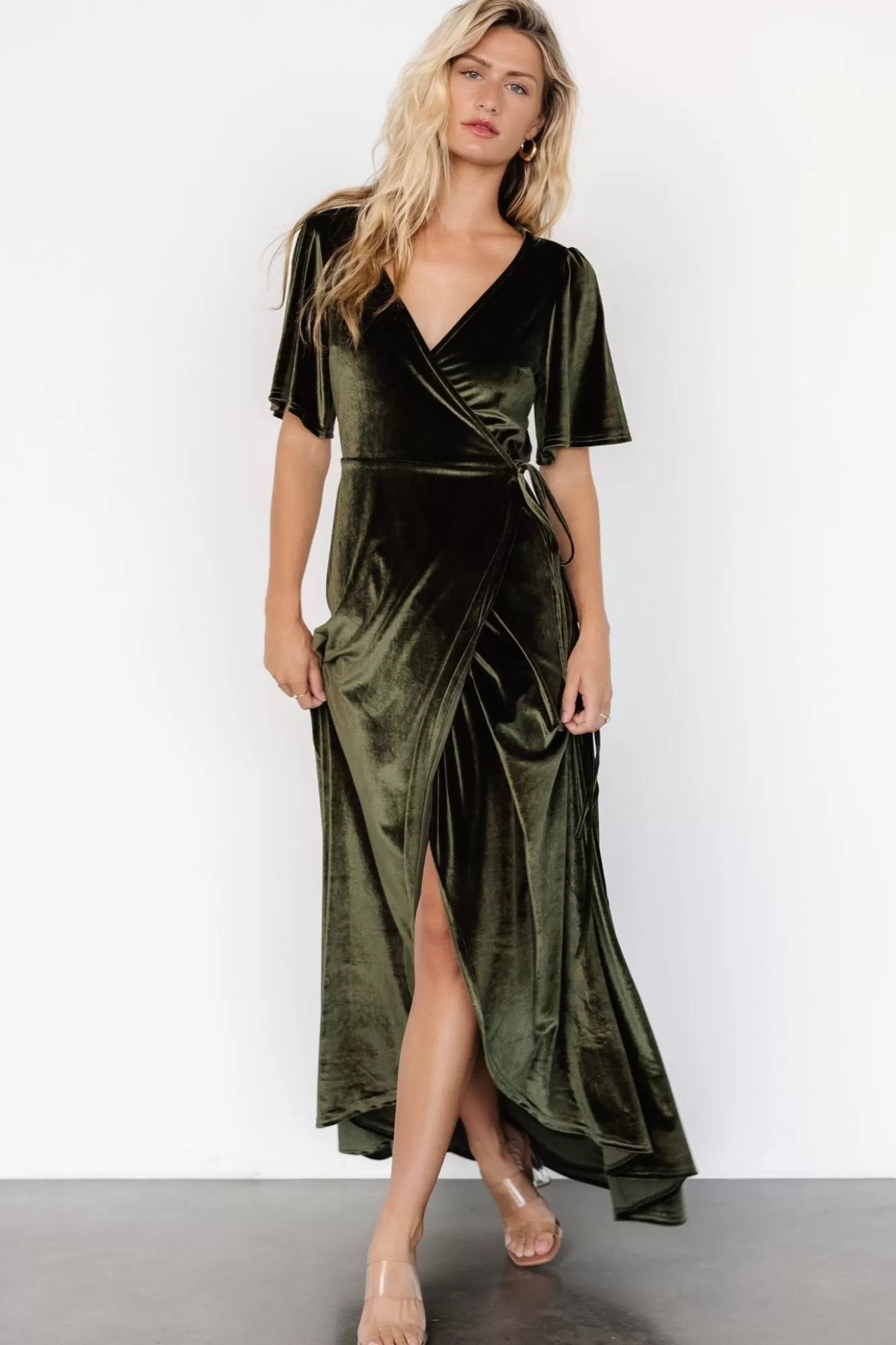 Baltic Born Maxi Dresses | Maxi Dresses | Katelyn Velvet Maxi Wrap Dress | Dark Olive