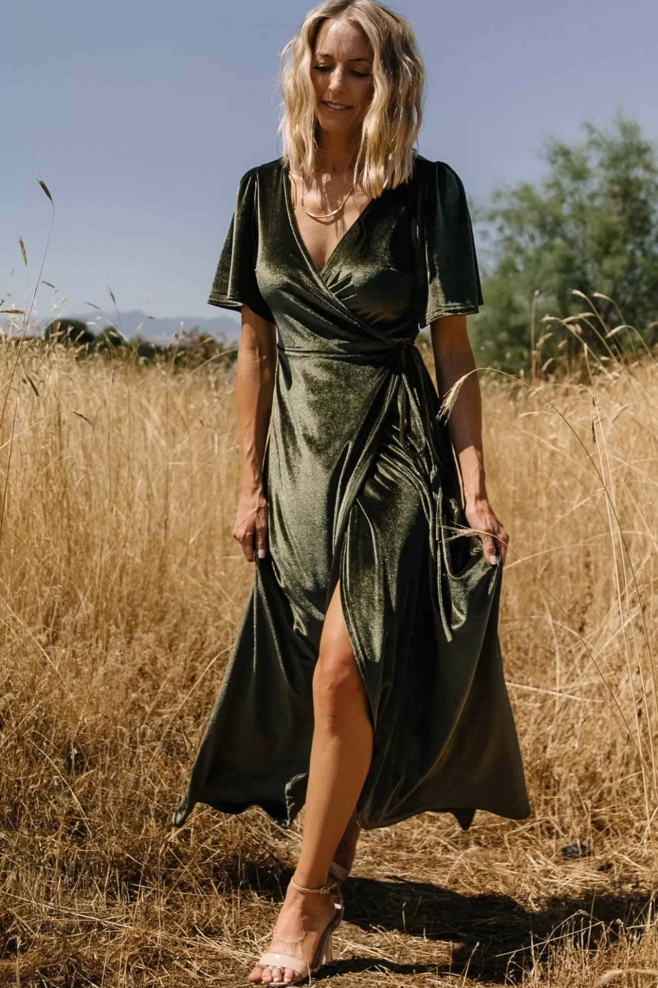 Baltic Born Maxi Dresses | Maxi Dresses | Katelyn Velvet Maxi Wrap Dress | Dark Olive