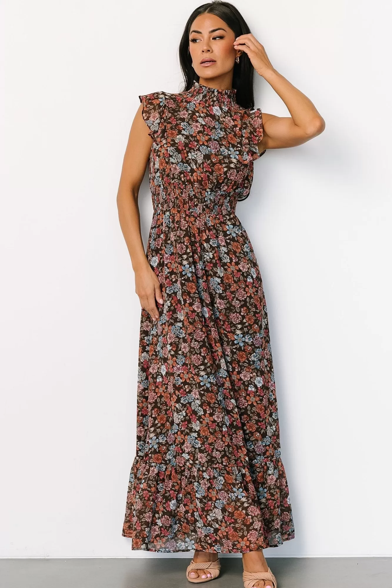 Baltic Born Maxi Dresses | Maxi Dresses | Kearny Ruffle Maxi Dress | Brown Multi Floral