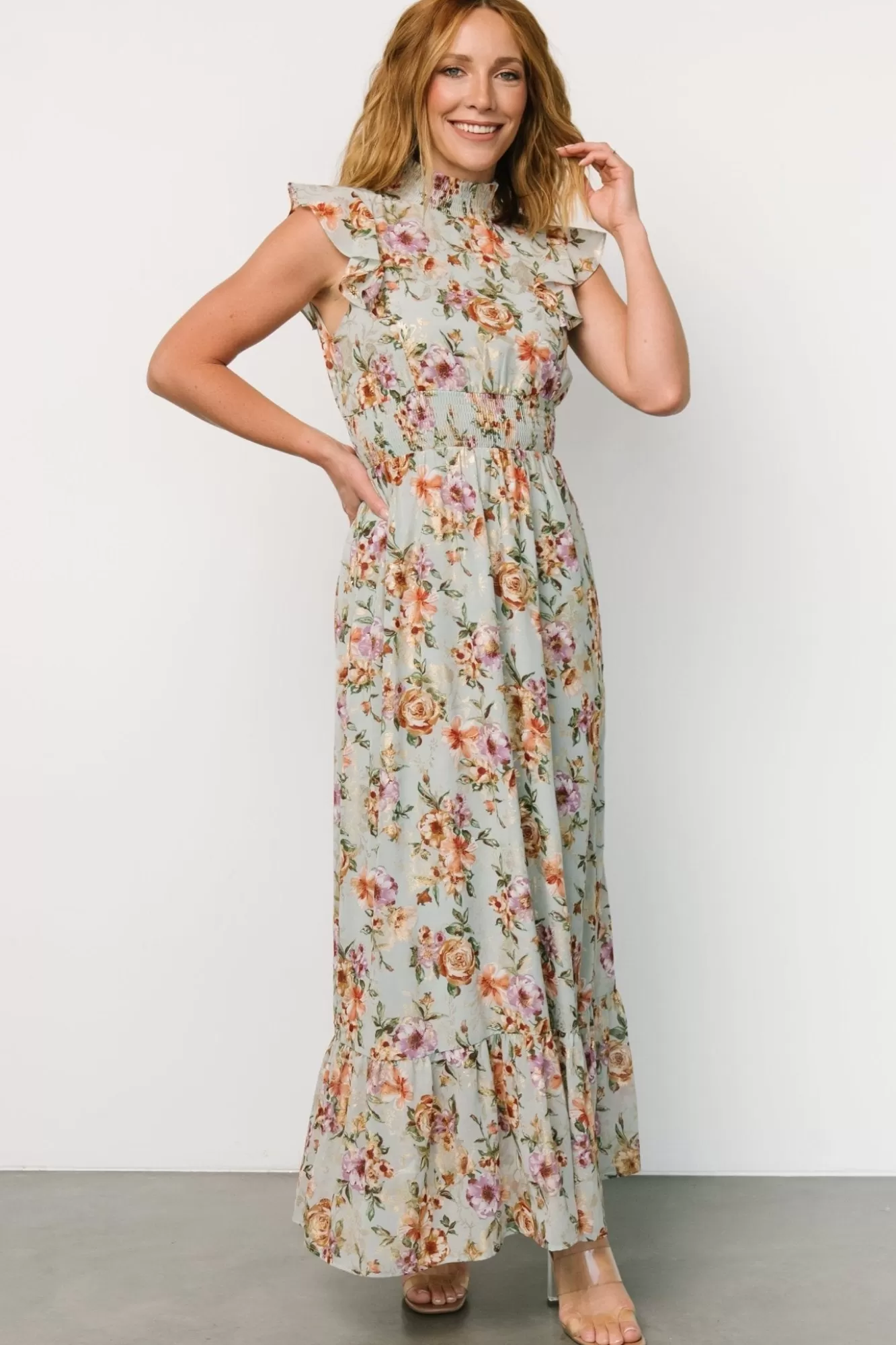 Baltic Born Maxi Dresses | Maxi Dresses | Kearny Ruffle Maxi Dress | Light Blue Floral + Gold