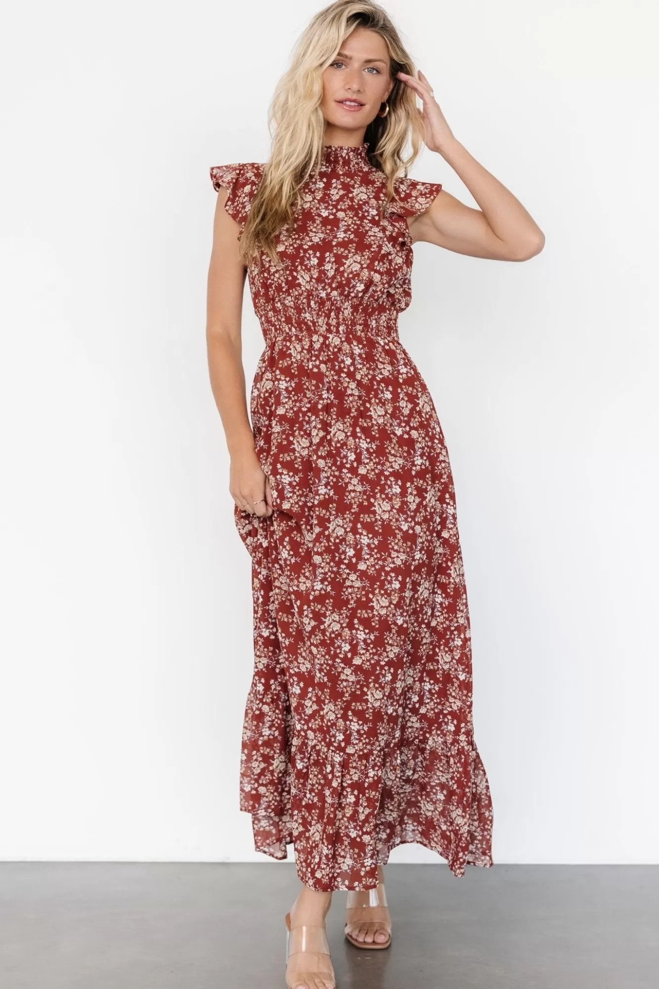 Baltic Born Maxi Dresses | Maxi Dresses | Kearny Ruffle Maxi Dress | Rust Print