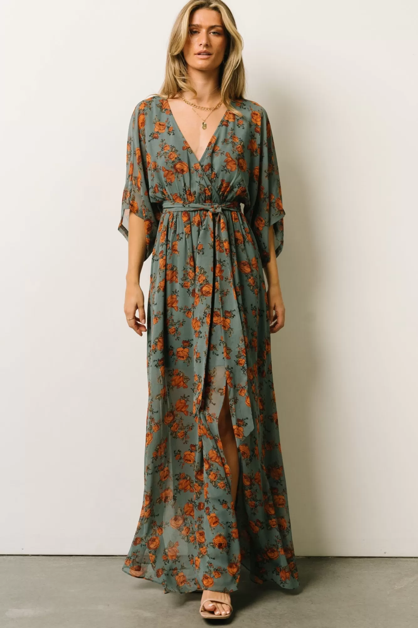 Baltic Born Maxi Dresses | Maxi Dresses | Kia Kimono Maxi Dress | Dusty Blue Floral