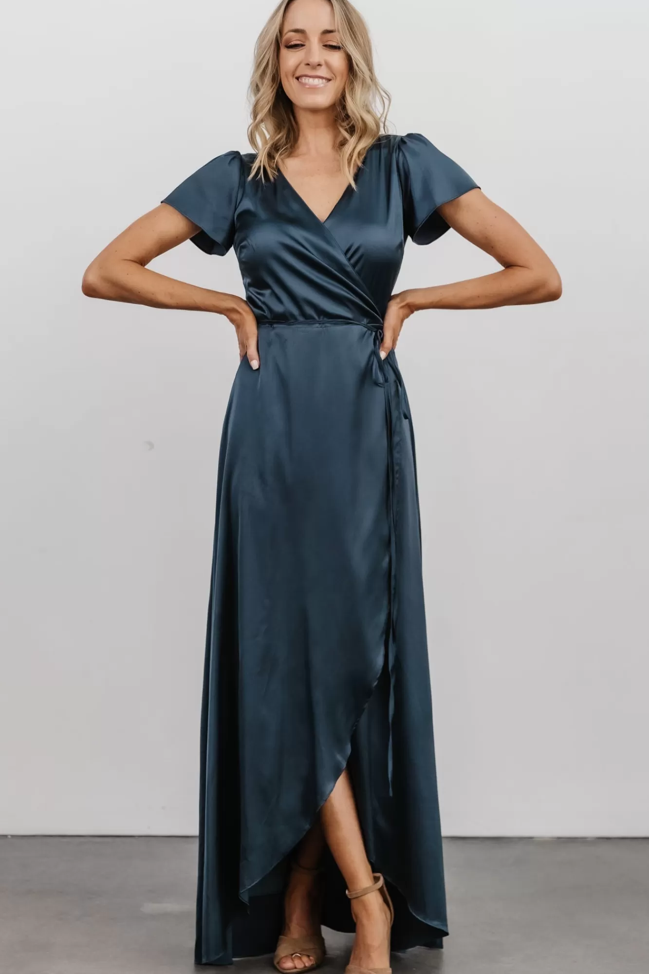 Baltic Born Maxi Dresses | Maxi Dresses | Krystal Satin Wrap Gown | Deep Blue