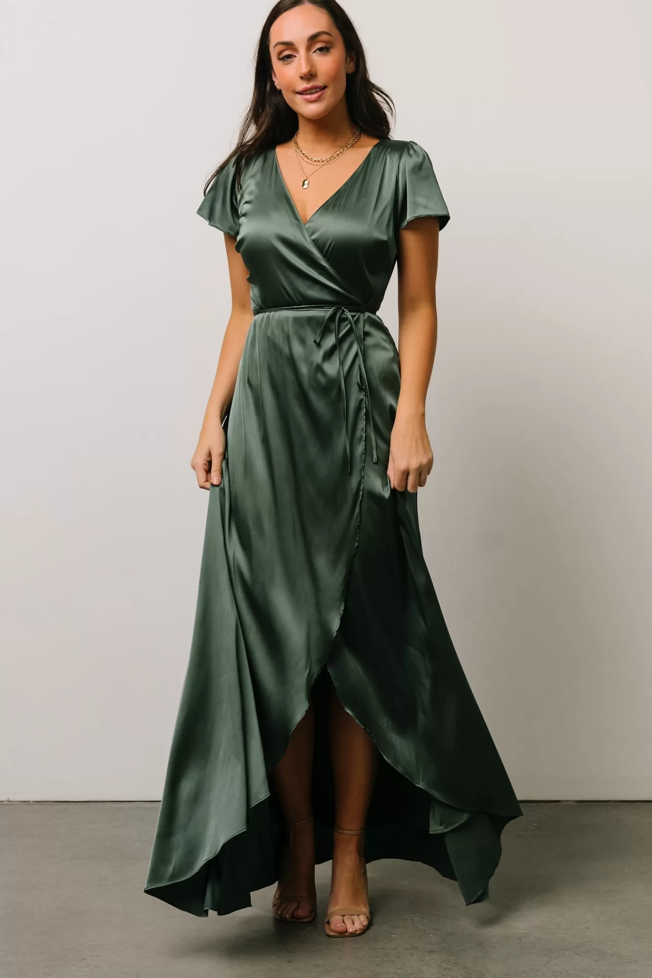 Baltic Born Maxi Dresses | Maxi Dresses | Krystal Satin Wrap Gown | Winter Green