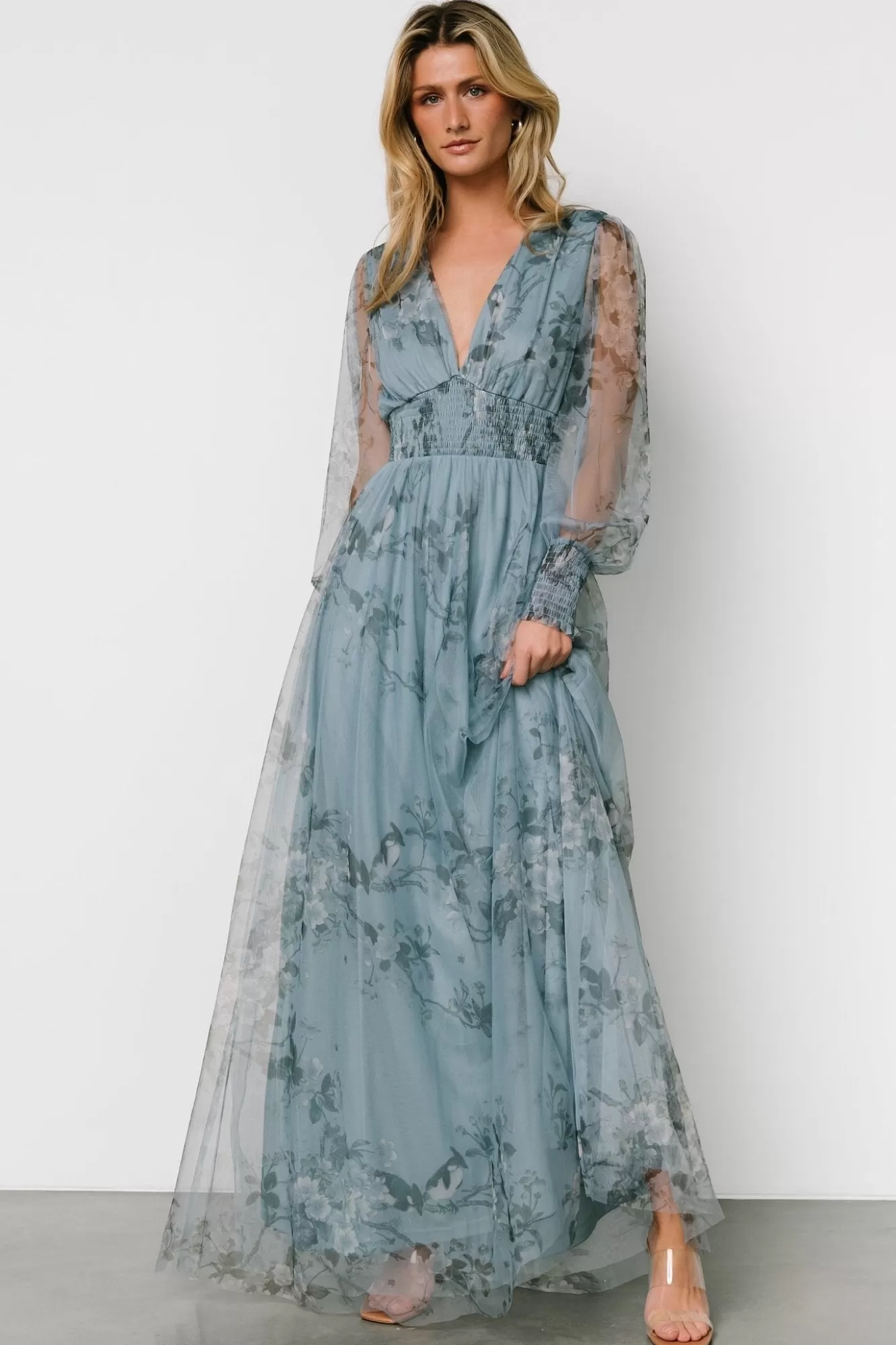 Baltic Born Maxi Dresses | Maxi Dresses | Layla Tulle Maxi Dress | Dusty Blue Floral