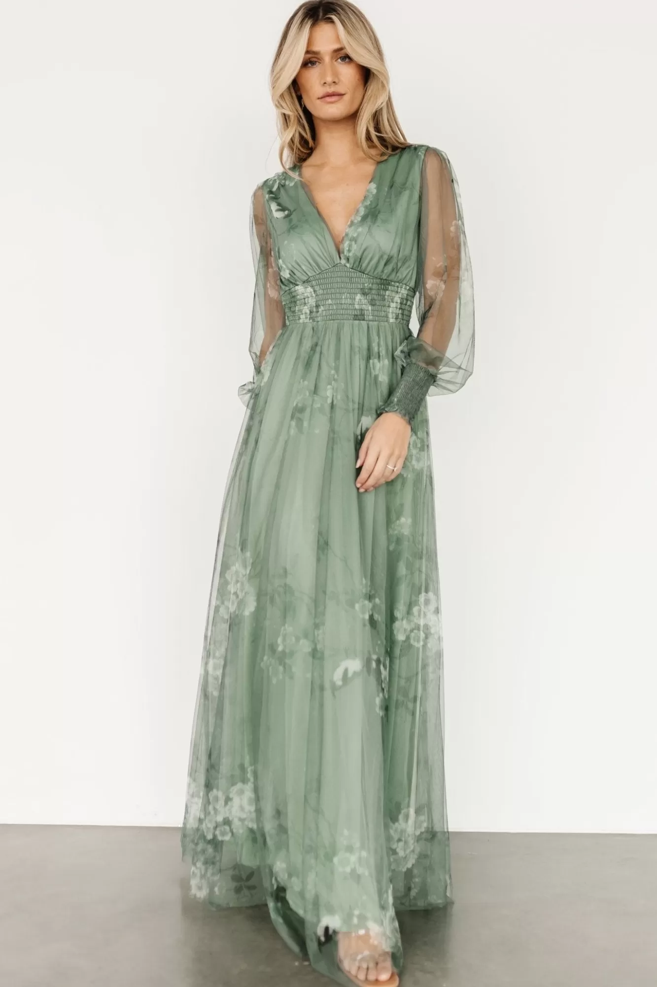 Baltic Born Maxi Dresses | Maxi Dresses | Layla Tulle Maxi Dress | Dusty Green Floral