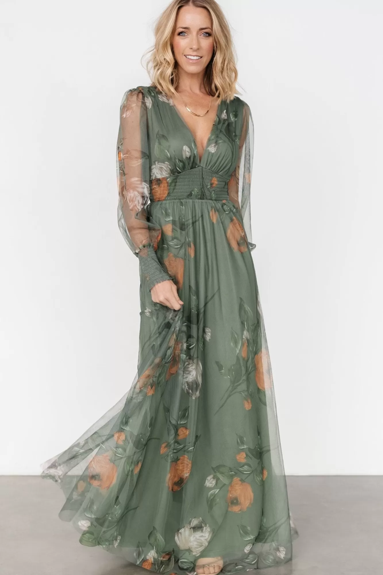 Baltic Born Maxi Dresses | Maxi Dresses | Layla Tulle Maxi Dress | Dusty Olive Floral