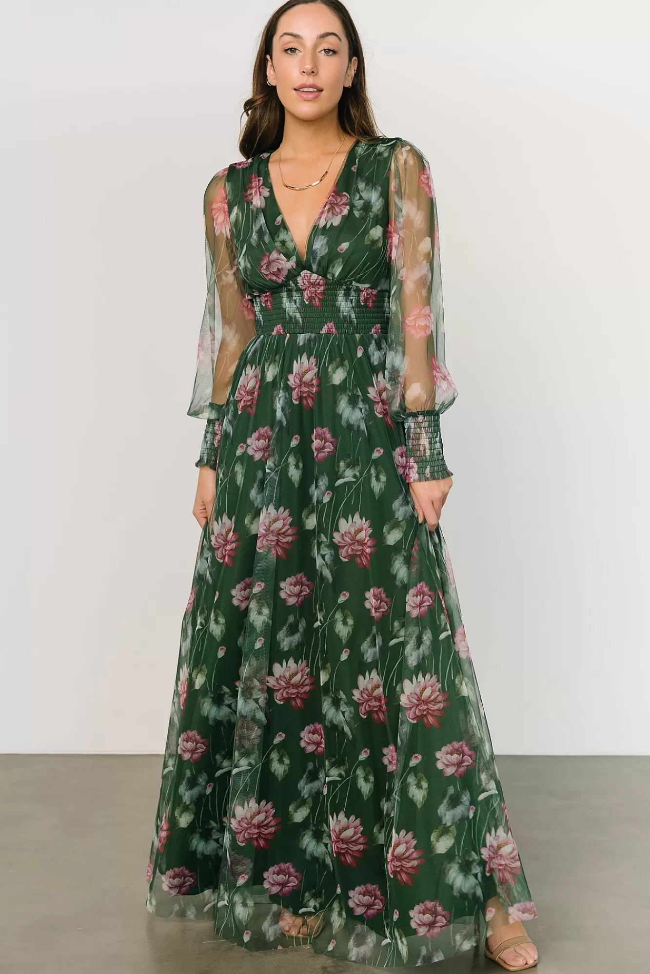 Baltic Born Maxi Dresses | Maxi Dresses | Layla Tulle Maxi Dress | Green + Pink Floral