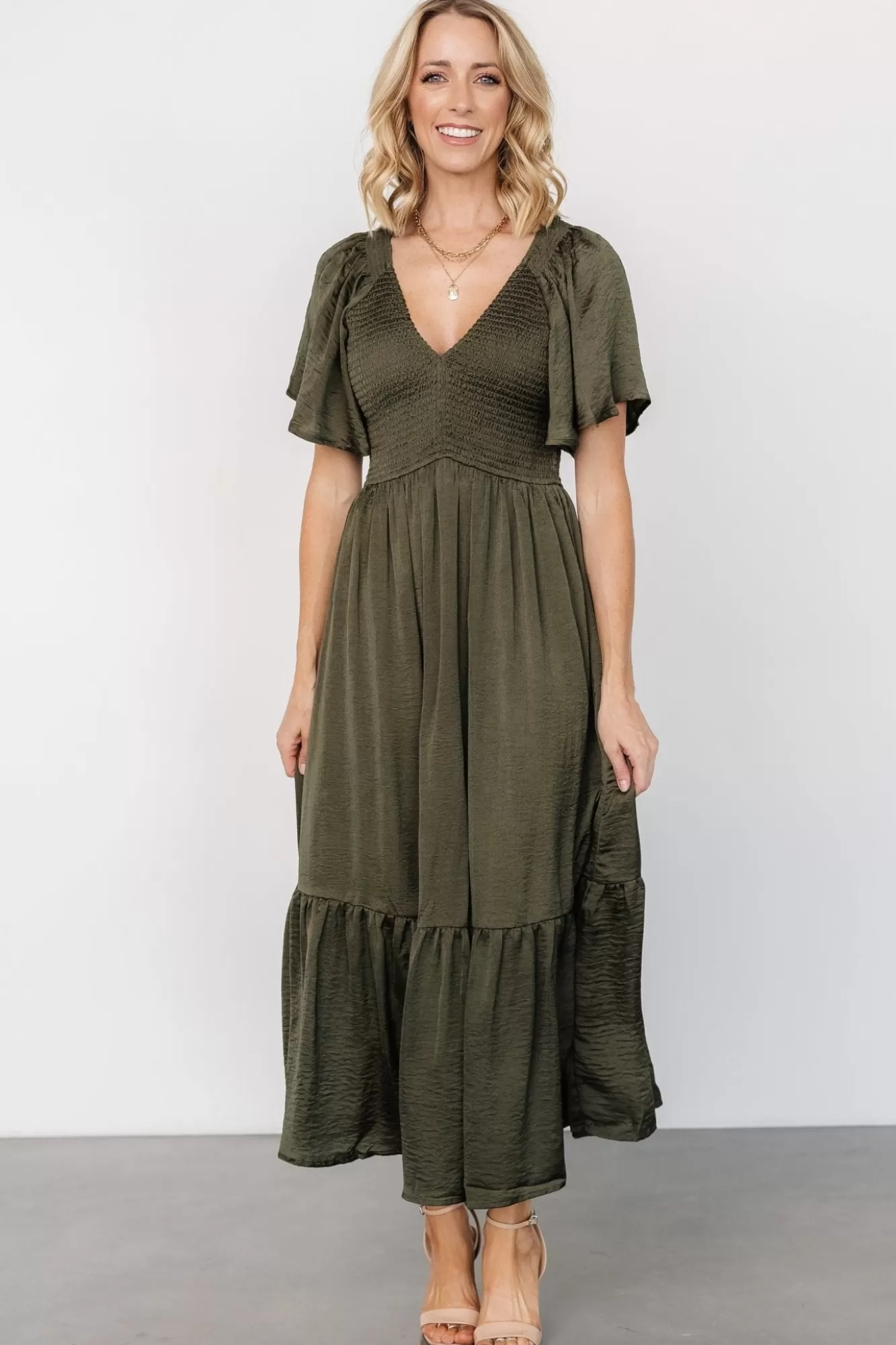 Baltic Born Midi Dresses | Midi Dresses | Lovell Smocked Midi Dress | Deep Olive