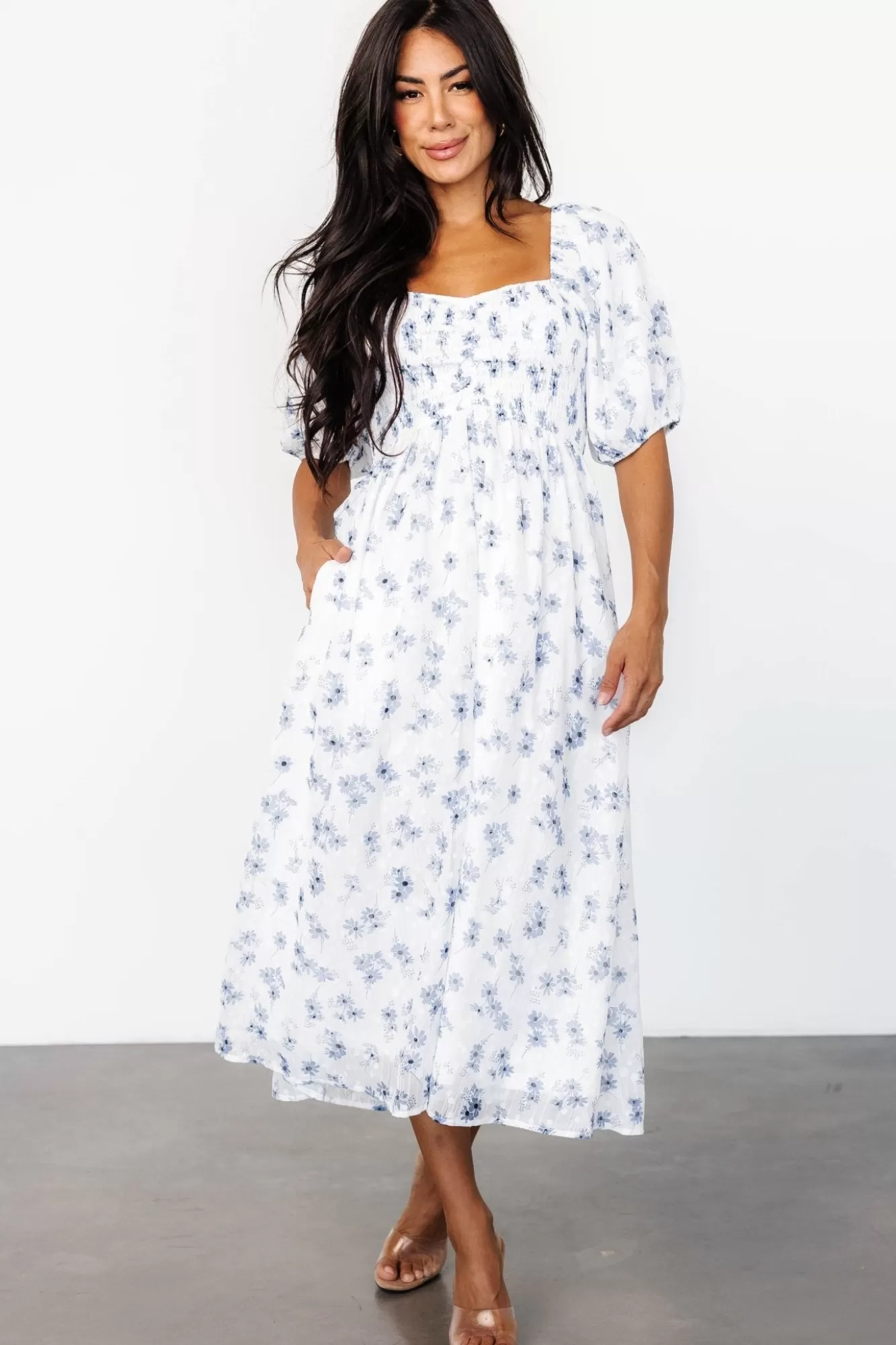 Baltic Born Midi Dresses | Midi Dresses | Luca Dress | White + Blue Floral