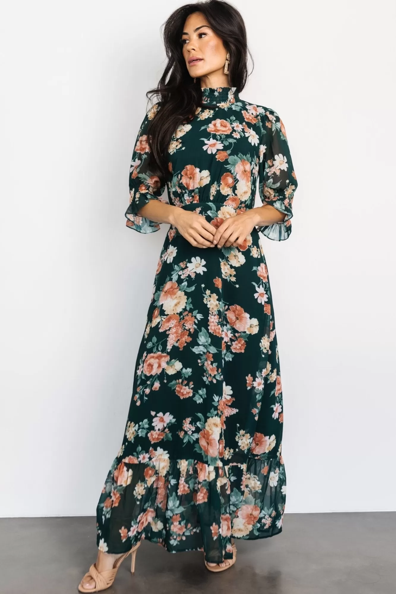 Baltic Born Maxi Dresses | Maxi Dresses | Marie Mock Neck Maxi Dress | Dark Green Floral