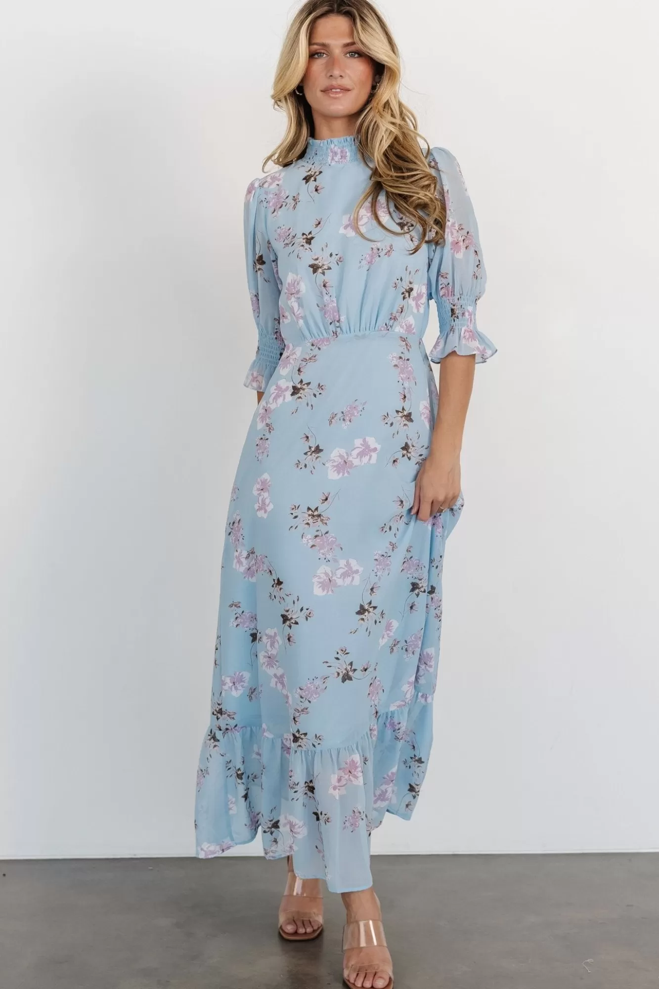 Baltic Born Maxi Dresses | Maxi Dresses | Marie Mock Neck Maxi Dress | Sky Blue Floral