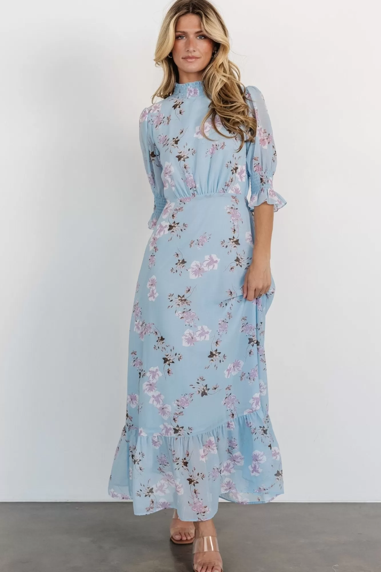 Baltic Born Maxi Dresses | Maxi Dresses | Marie Mock Neck Maxi Dress | Sky Blue Floral