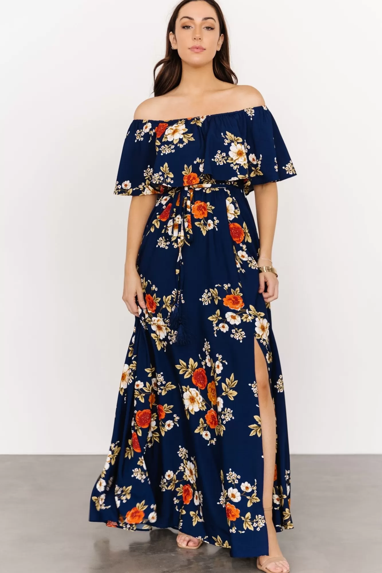 Baltic Born Maxi Dresses | Maxi Dresses | Marley Off Shoulder Maxi Dress | Navy Floral