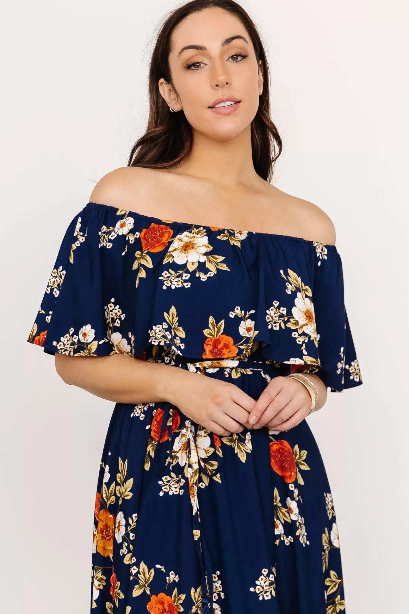 Baltic Born Maxi Dresses | Maxi Dresses | Marley Off Shoulder Maxi Dress | Navy Floral