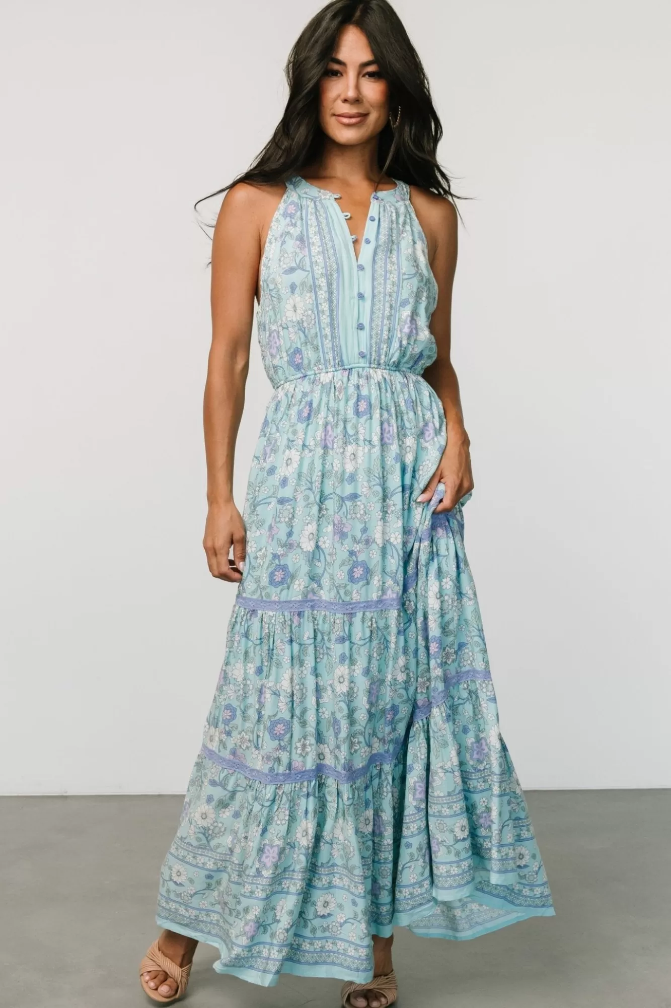 Baltic Born Maxi Dresses | Maxi Dresses | Meline Button Front Maxi Dress | Light Blue Multi