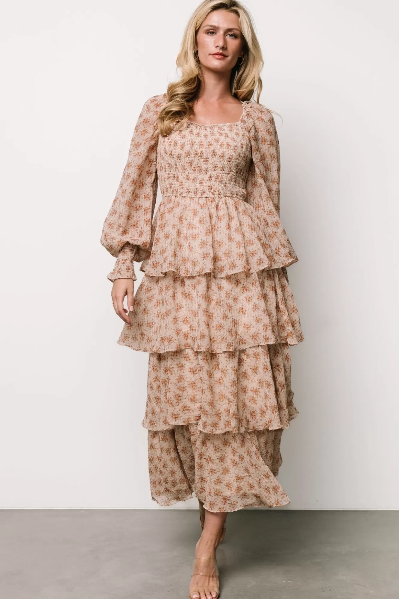 Baltic Born Maxi Dresses | Maxi Dresses | Miranda Tiered Maxi Dress | Taupe Floral