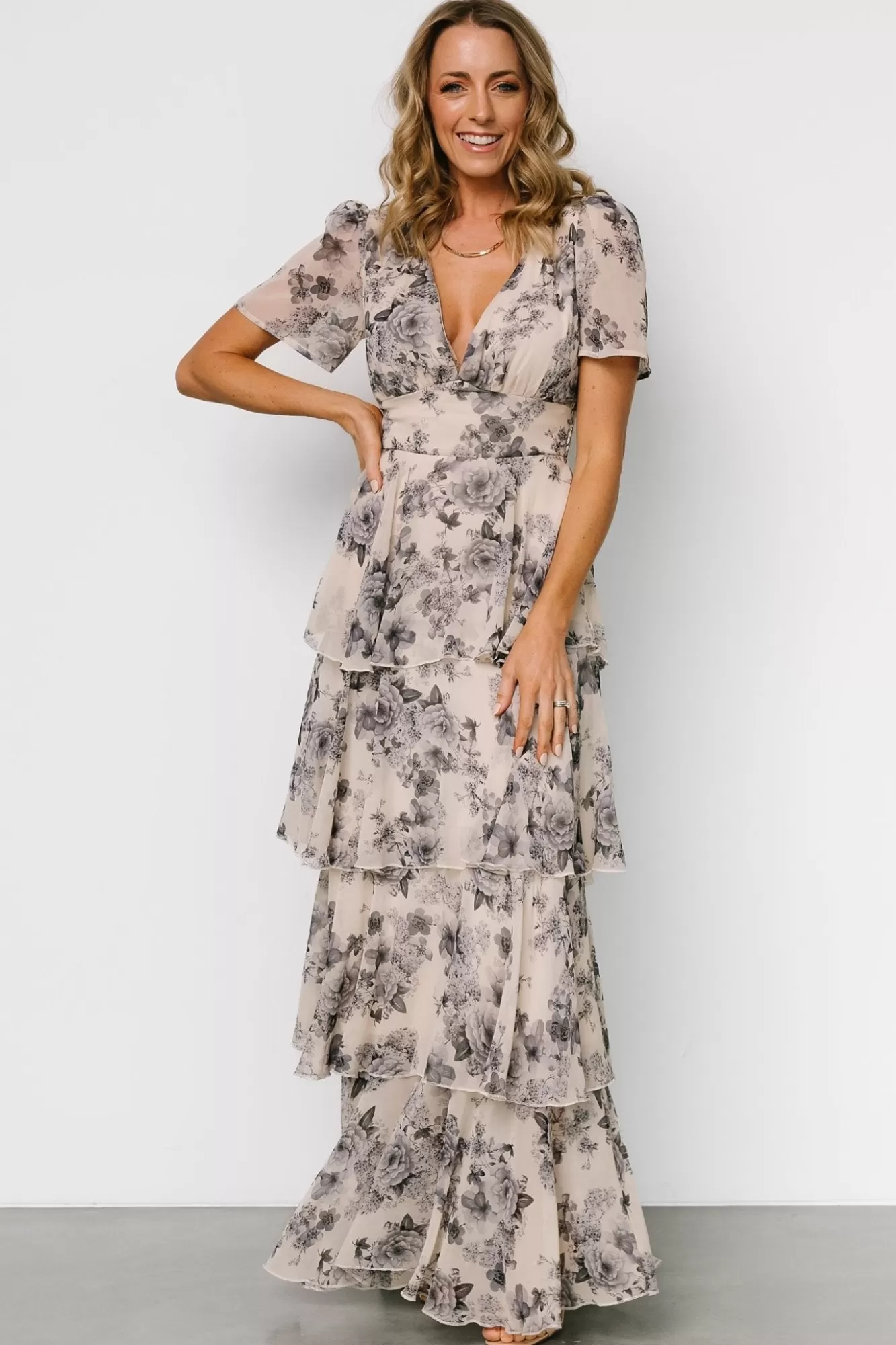 Baltic Born Maxi Dresses | Maxi Dresses | Montaigne Ruffle Maxi Dress | Beige + Slate Floral