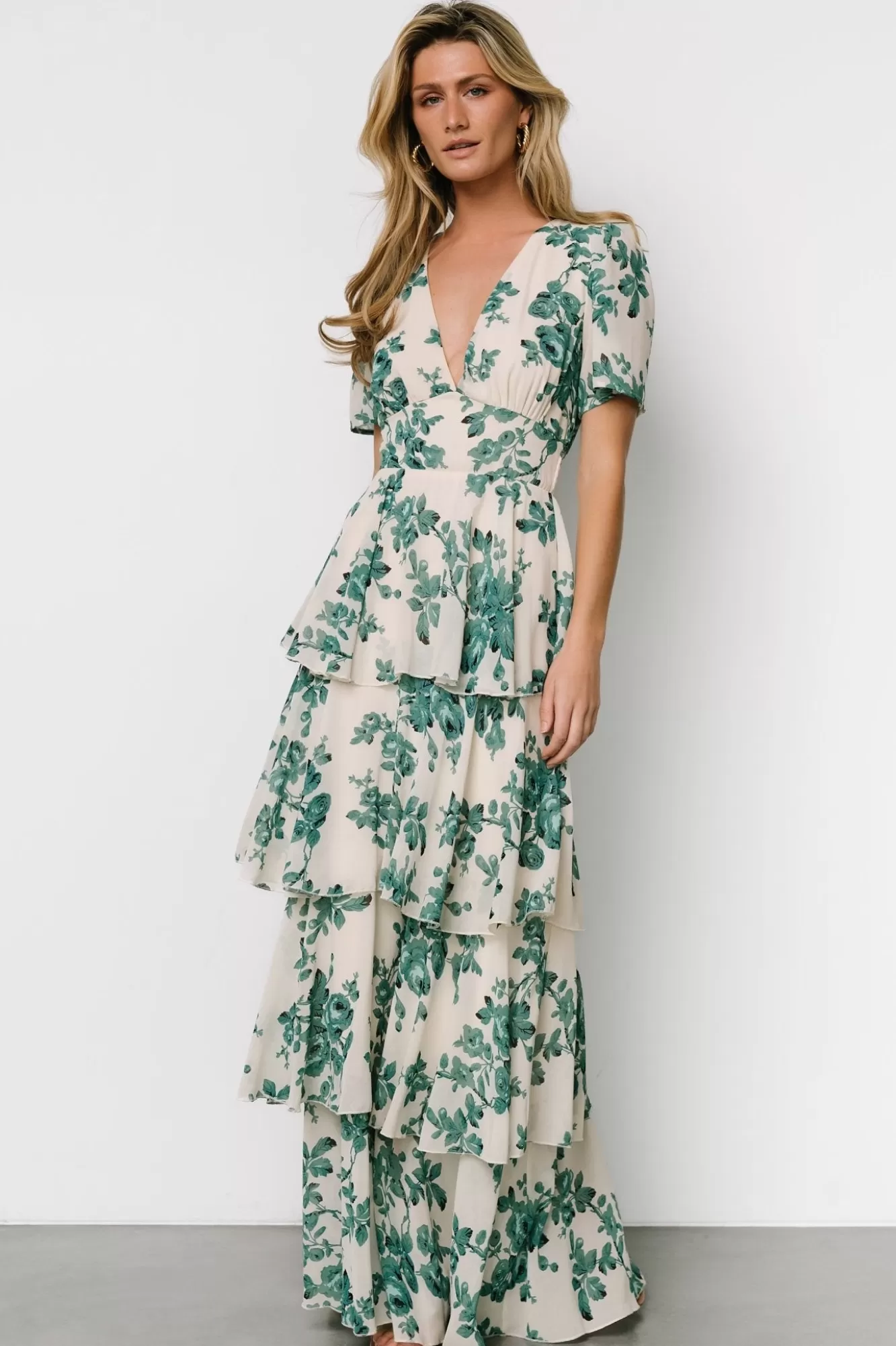 Baltic Born Maxi Dresses | Maxi Dresses | Montaigne Ruffle Maxi Dress | Ivory + Green Floral