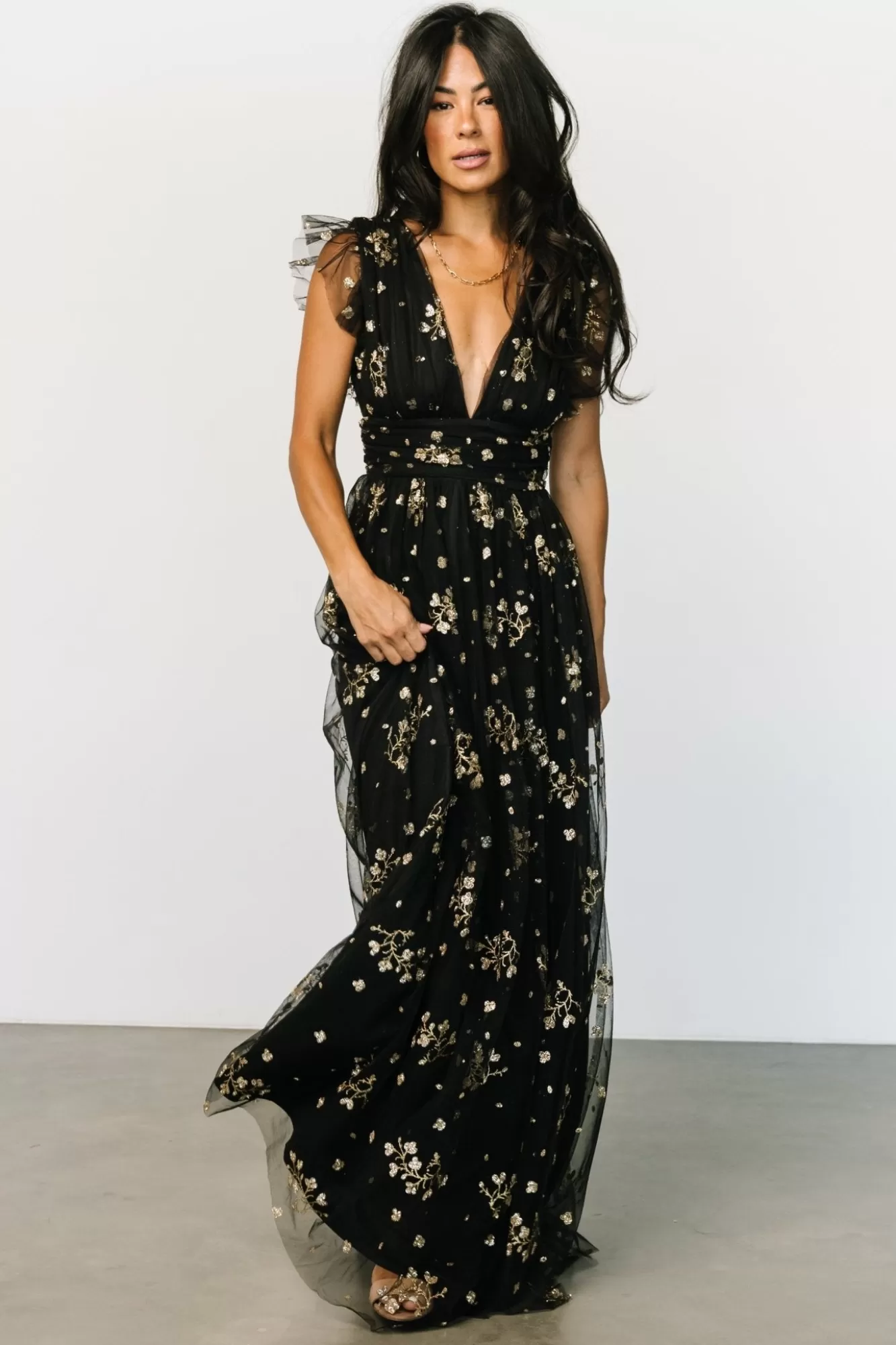 Baltic Born Maxi Dresses | Maxi Dresses | Natalia Floral Embellished Maxi Dress | Black + Gold