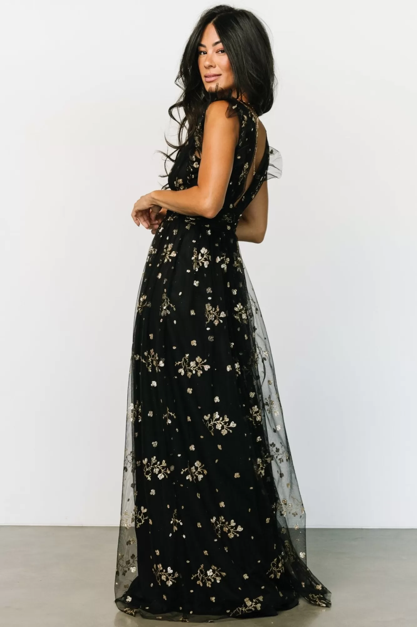 Baltic Born Maxi Dresses | Maxi Dresses | Natalia Floral Embellished Maxi Dress | Black + Gold