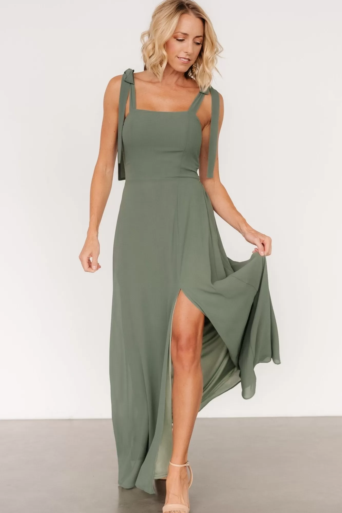 Baltic Born Maxi Dresses | Maxi Dresses | Necia Tie Shoulder Maxi Dress | Dark Sage