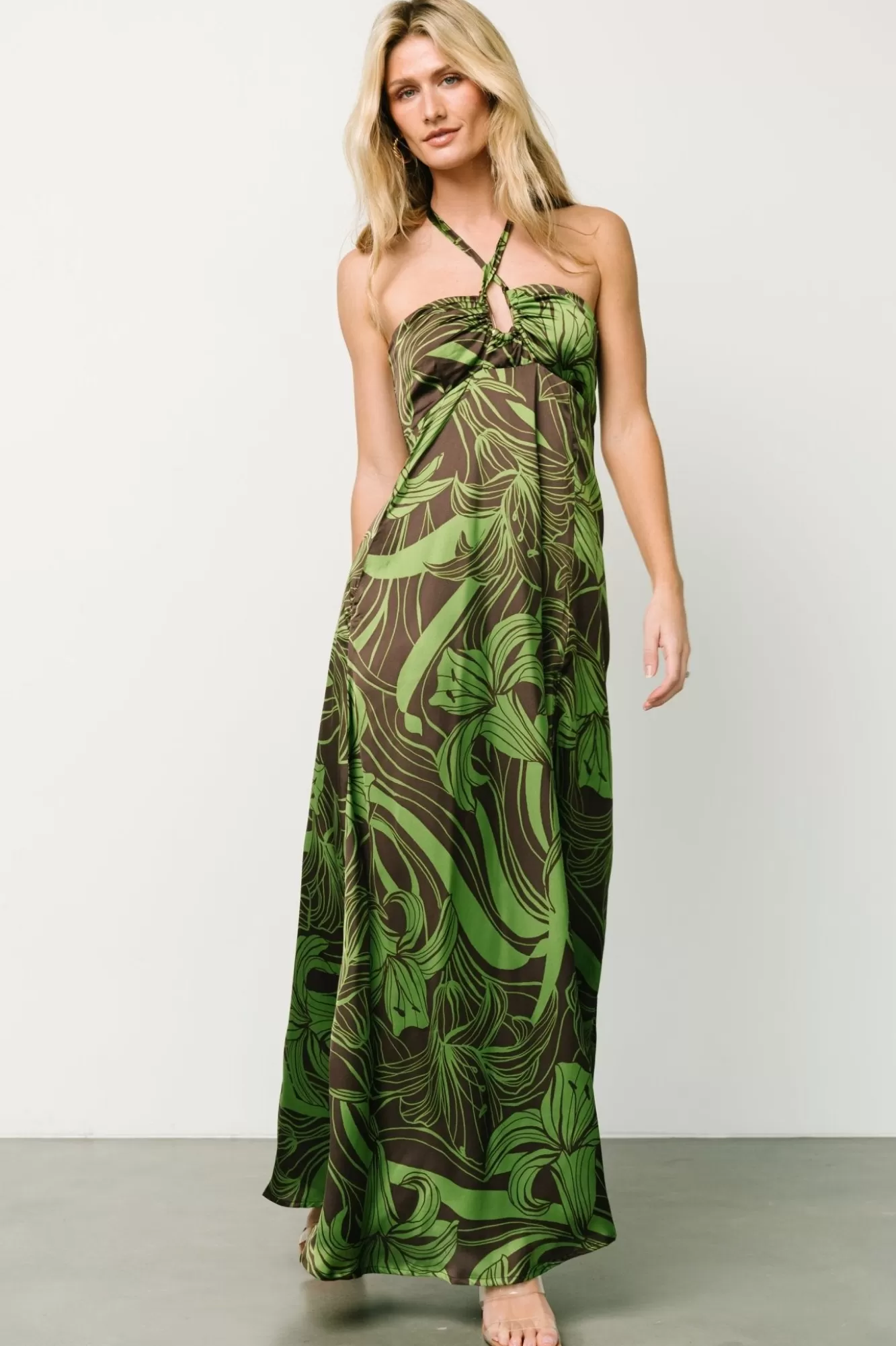 Baltic Born Maxi Dresses | Maxi Dresses | Norah Halter Dress | Brown + Green Print