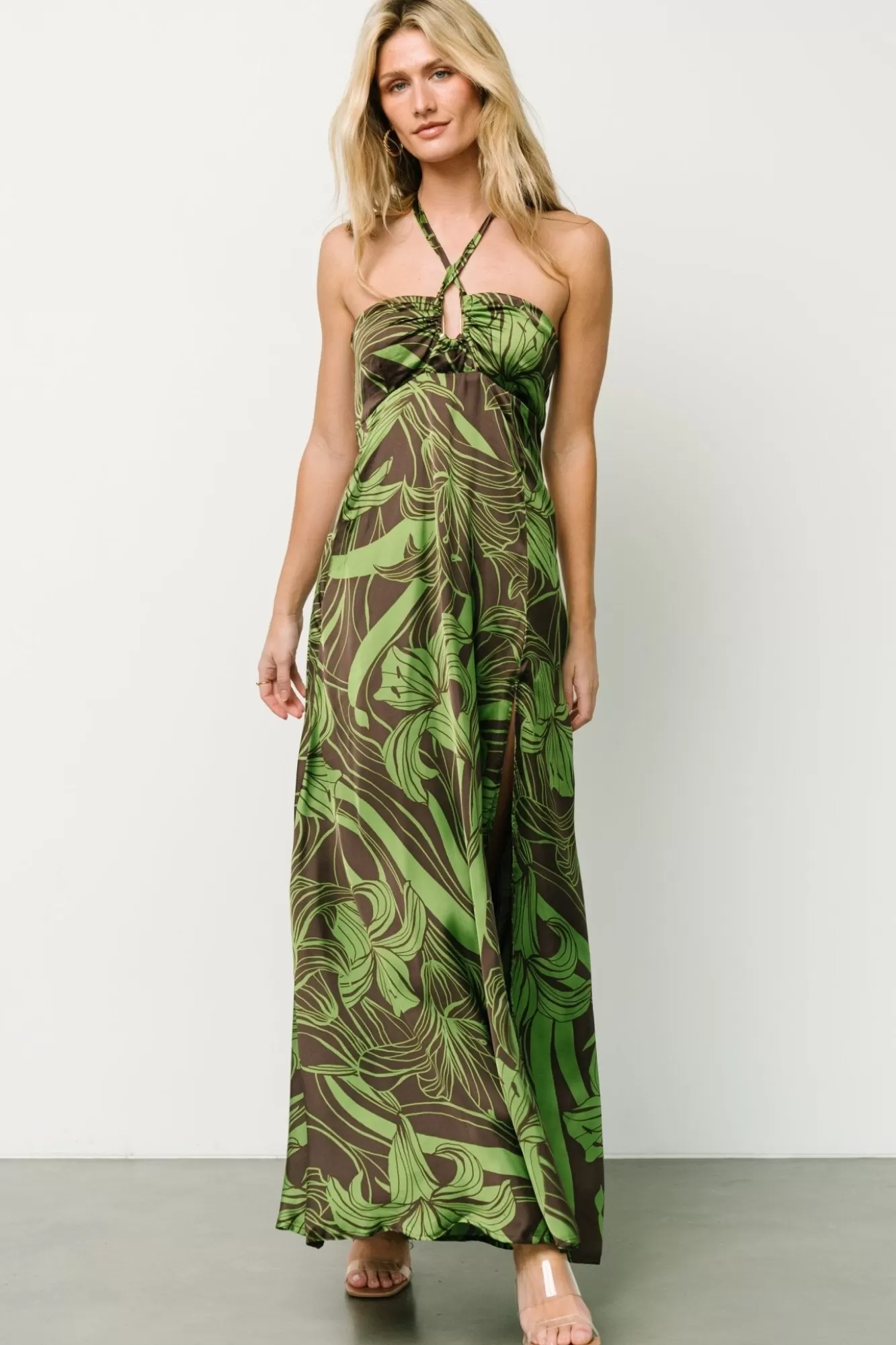 Baltic Born Maxi Dresses | Maxi Dresses | Norah Halter Dress | Brown + Green Print