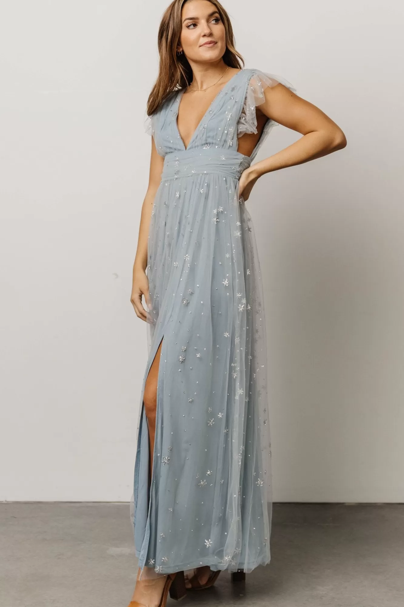 Baltic Born Maxi Dresses | Maxi Dresses | Nova Shimmer Maxi Dress | Dusty Blue + Silver