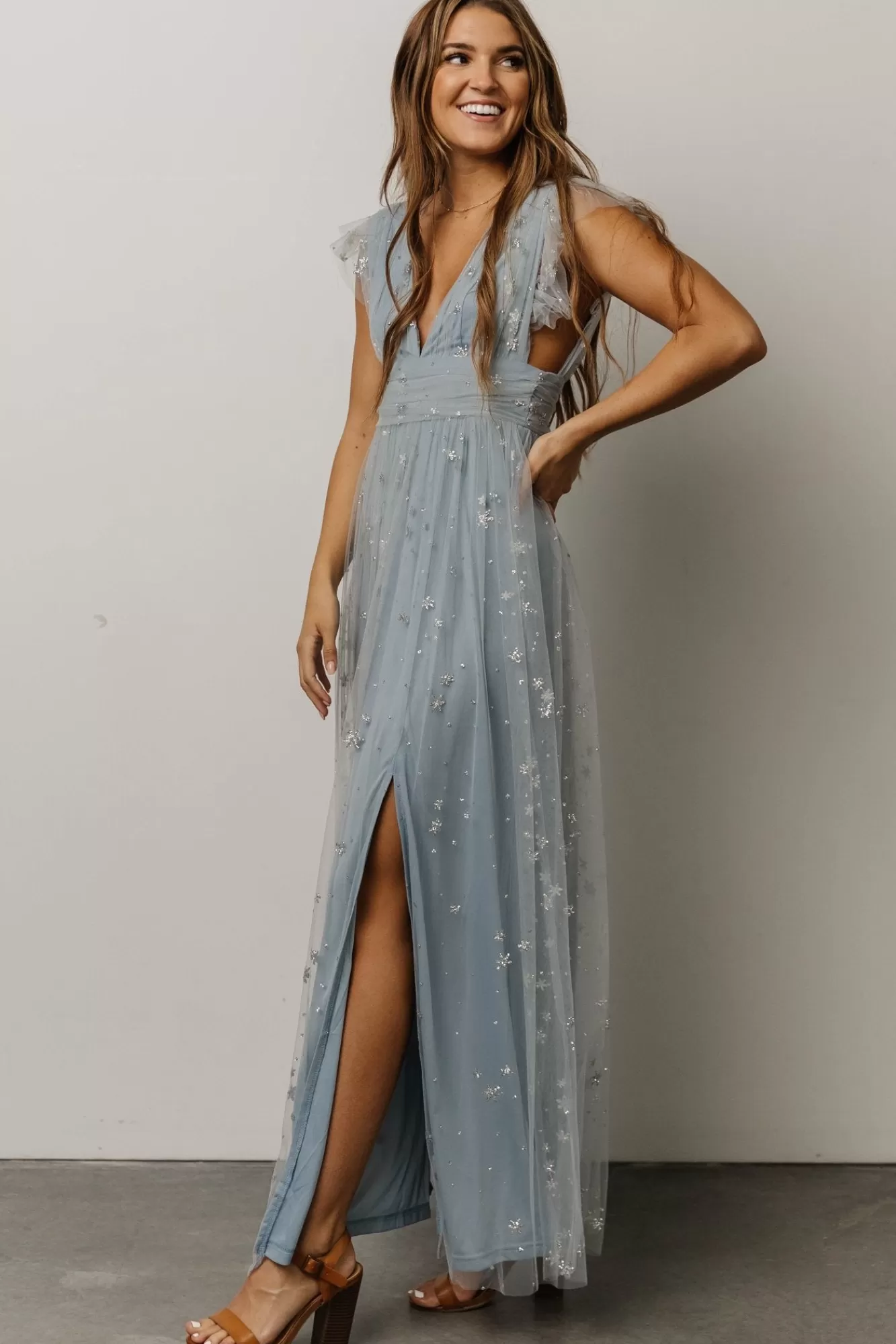 Baltic Born Maxi Dresses | Maxi Dresses | Nova Shimmer Maxi Dress | Dusty Blue + Silver