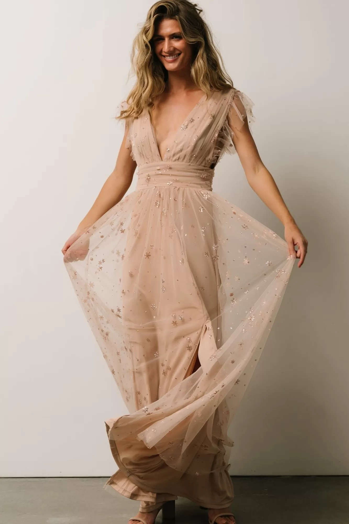 Baltic Born Maxi Dresses | Maxi Dresses | Nova Shimmer Maxi Dress | Natural + Blush