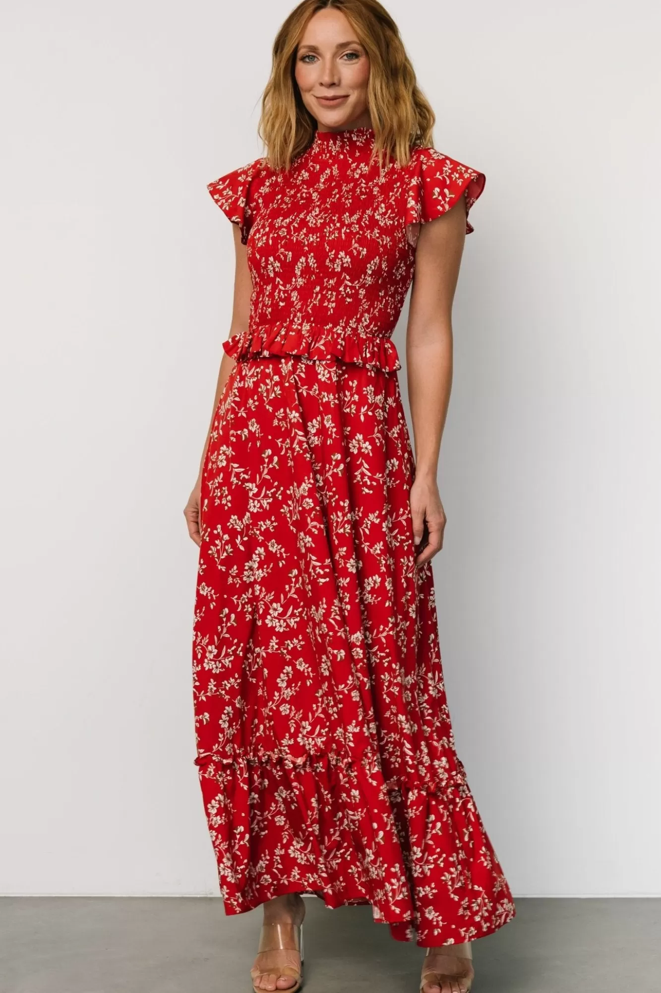 Baltic Born Maxi Dresses | Maxi Dresses | Orla Ruffle Maxi Dress | Red floral