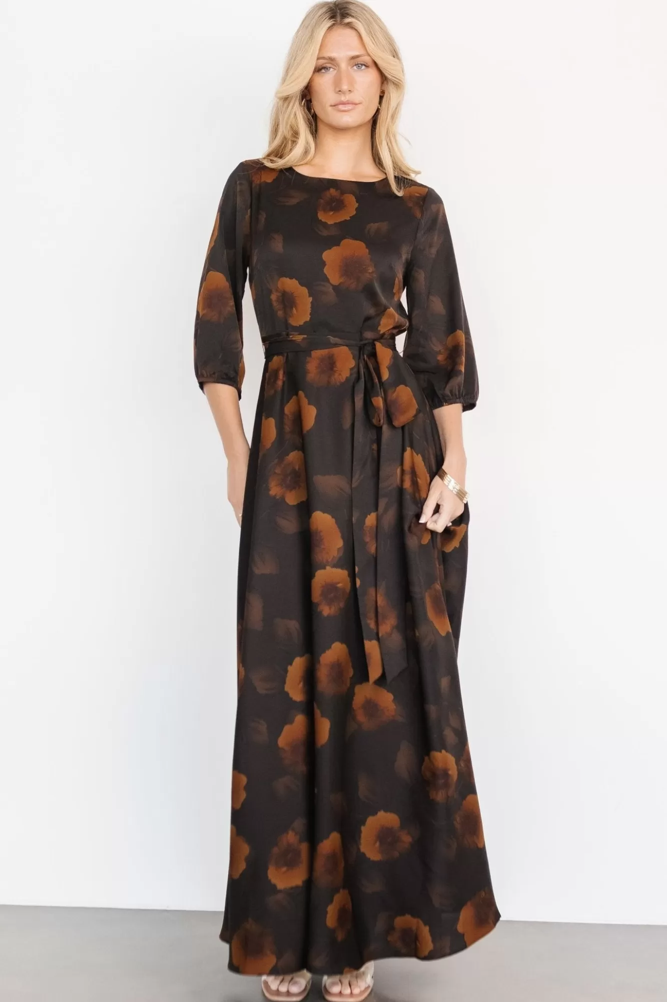 Baltic Born Maxi Dresses | Maxi Dresses | Paula Satin Maxi Dress | Deep Brown Floral