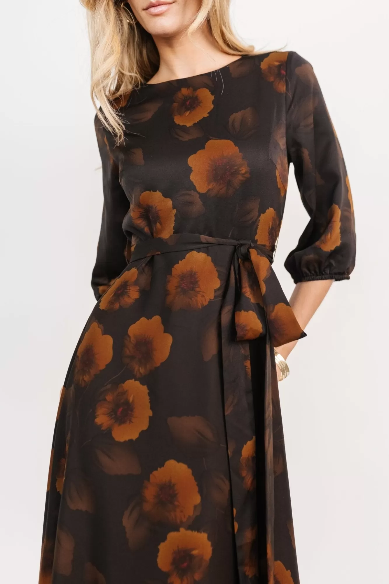 Baltic Born Maxi Dresses | Maxi Dresses | Paula Satin Maxi Dress | Deep Brown Floral