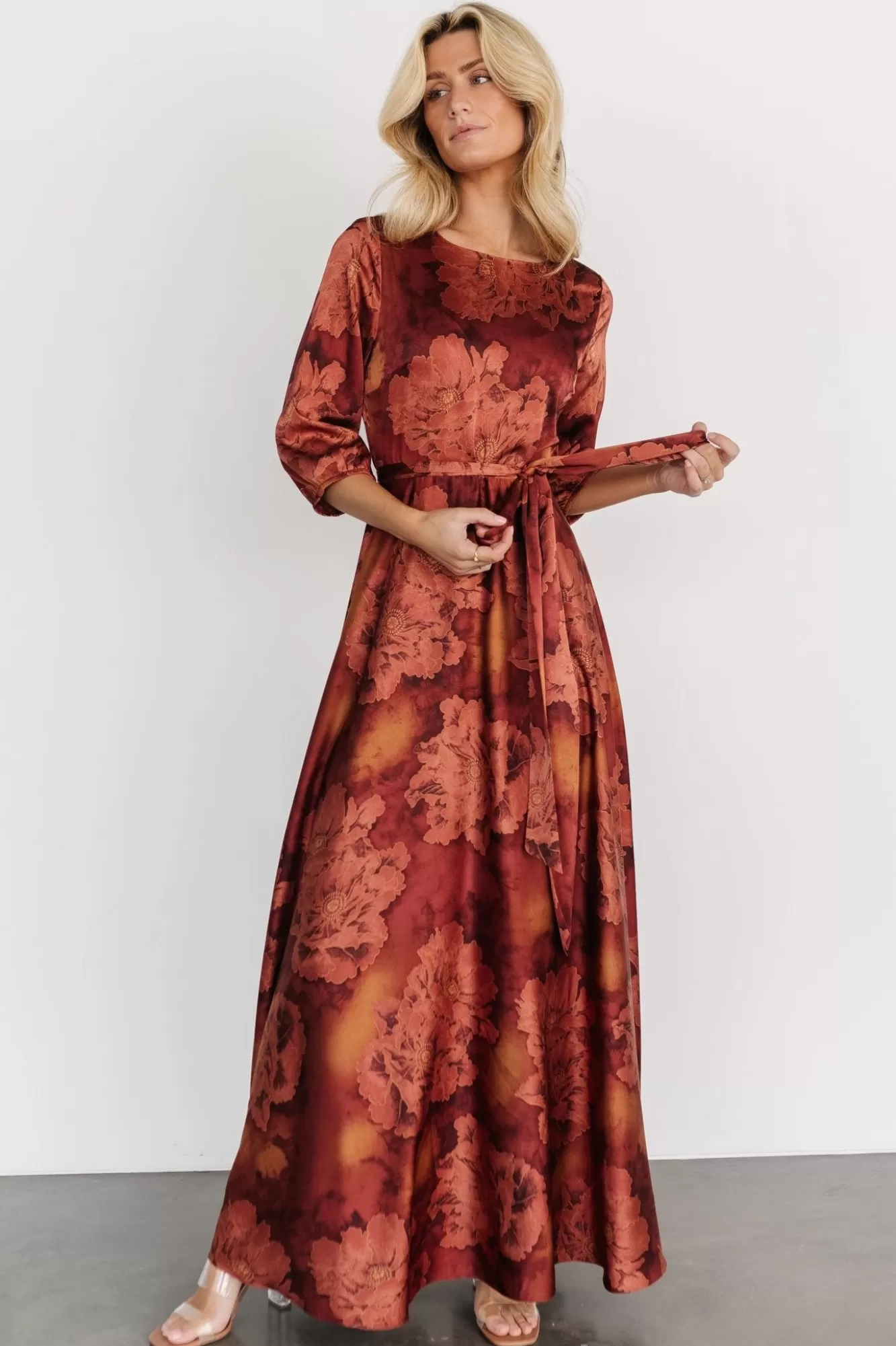 Baltic Born Maxi Dresses | Maxi Dresses | Paula Satin Maxi Dress | Terracotta Floral