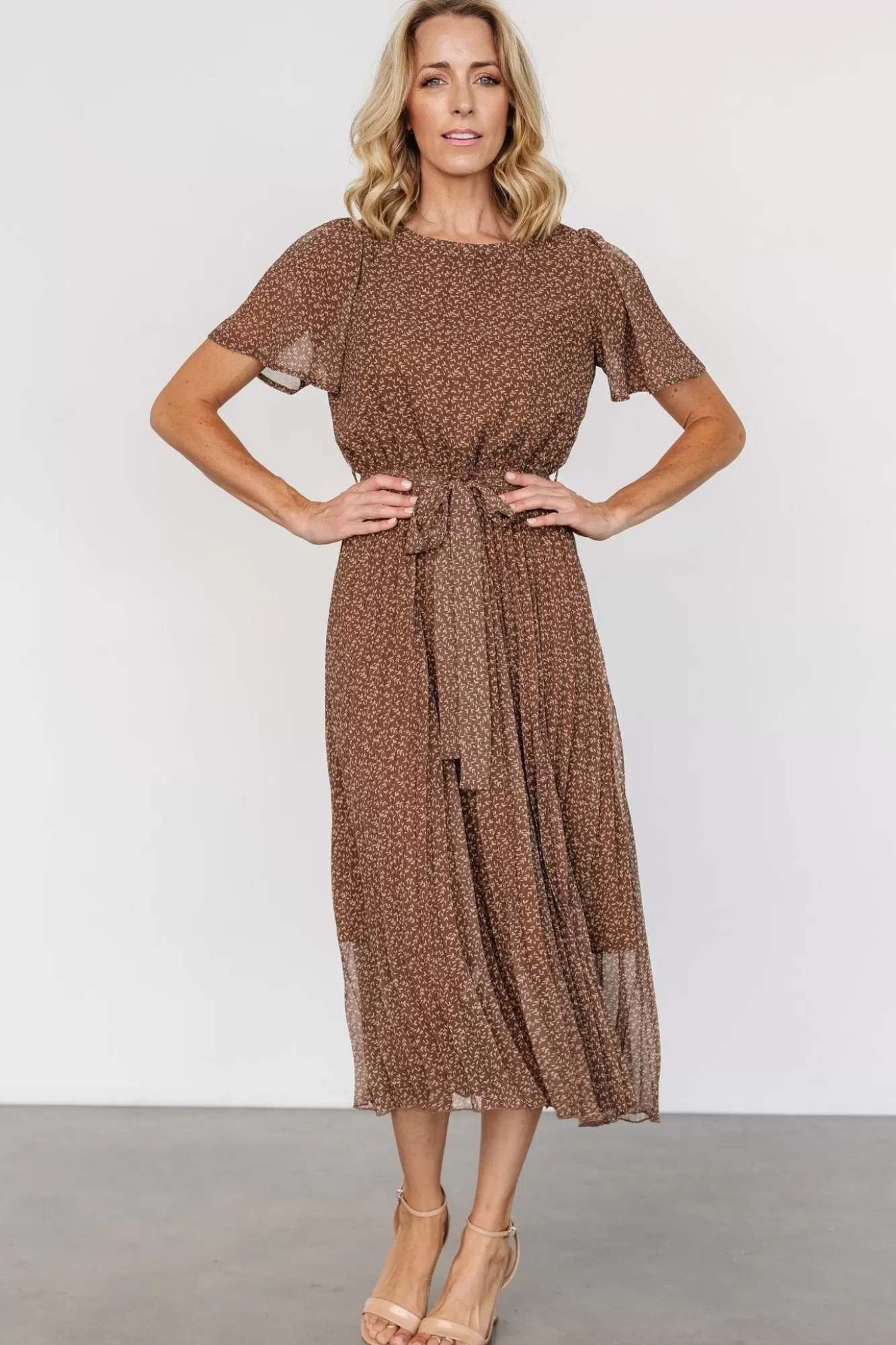 Baltic Born Midi Dresses | Midi Dresses | Prim Pleated Dress | Dusty Brown Print