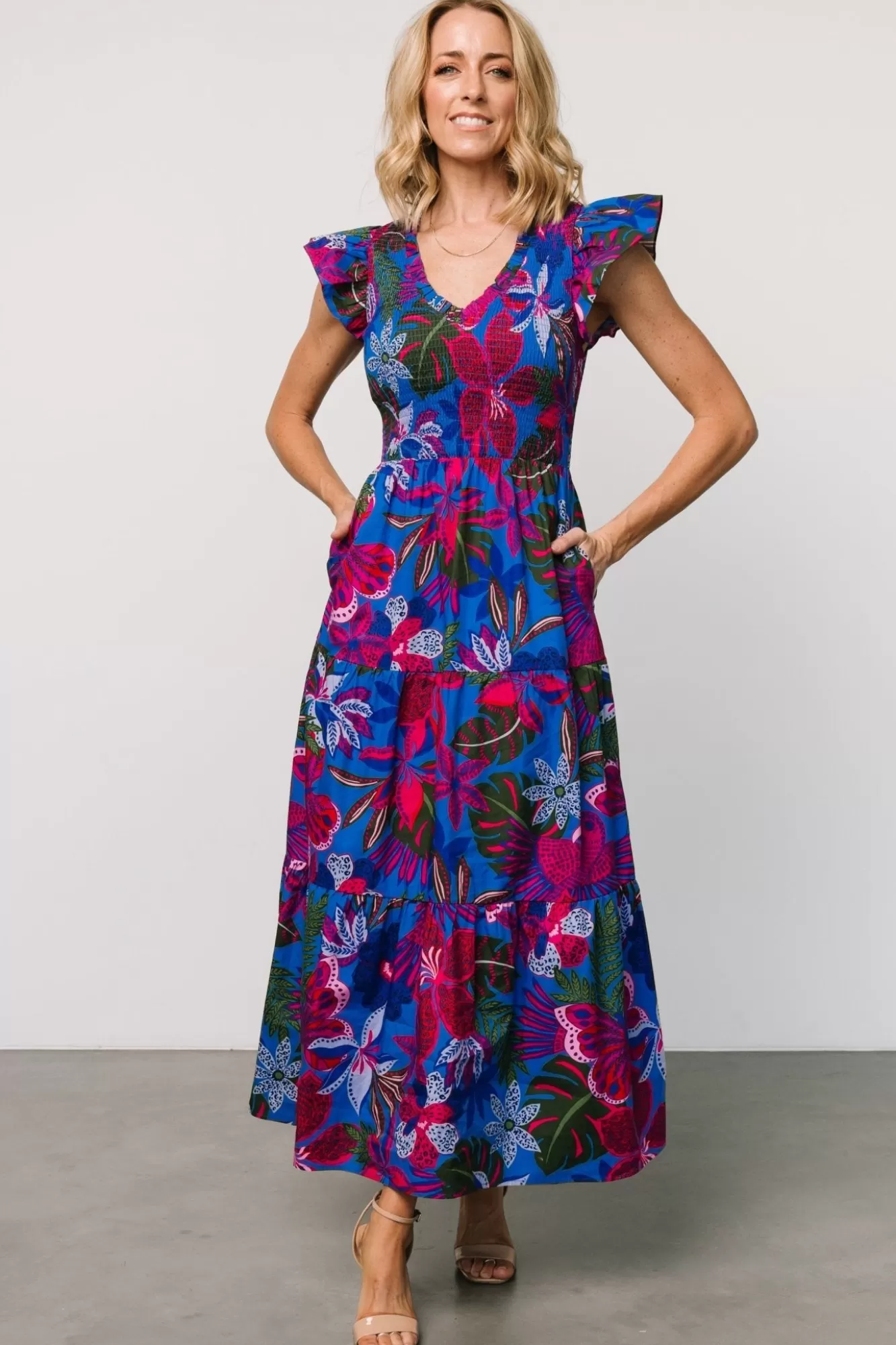 Baltic Born Maxi Dresses | Maxi Dresses | Ranchero Smocked Maxi Dress | Cobalt + Fuchsia Print