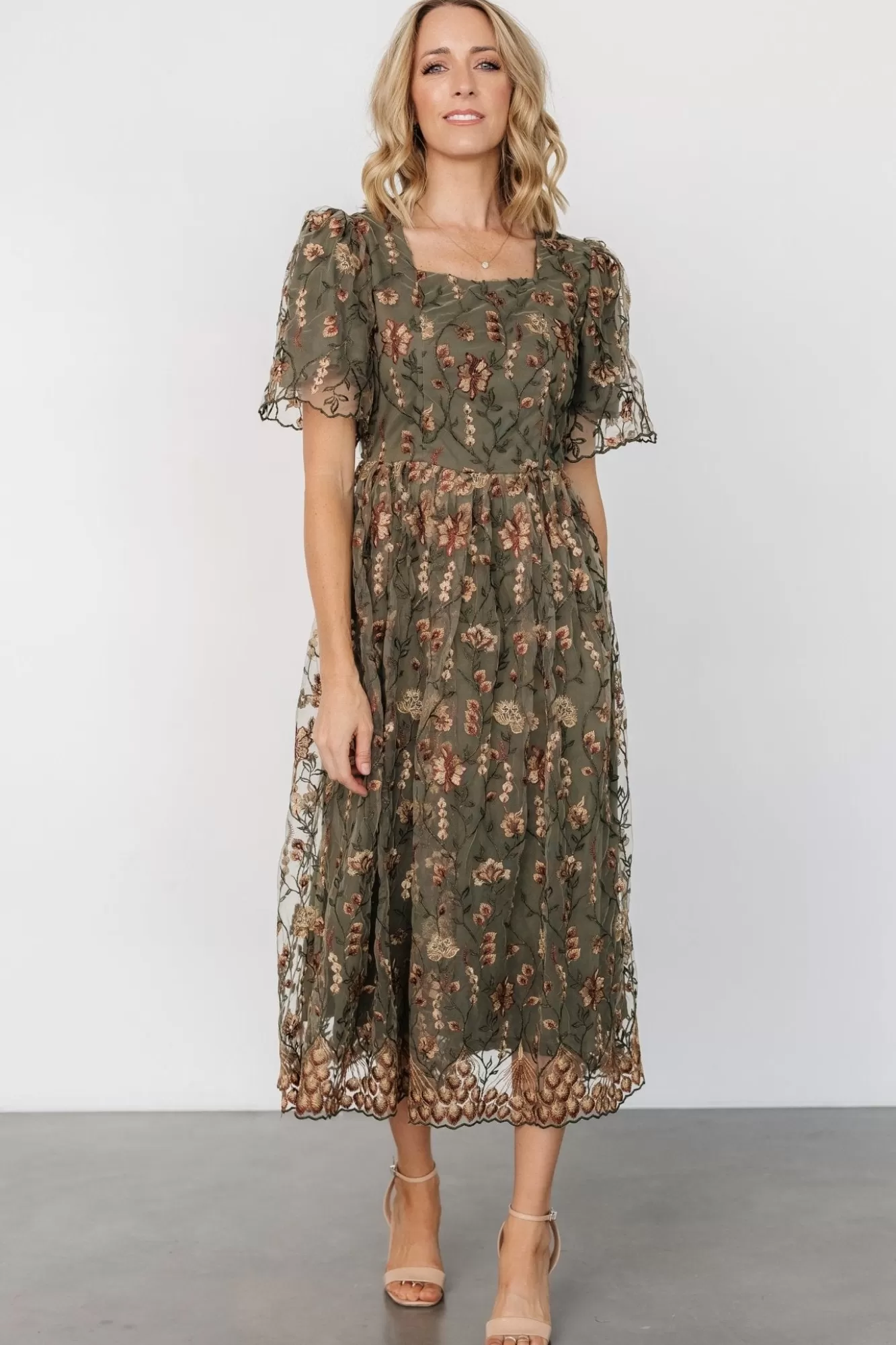 Baltic Born Midi Dresses | Midi Dresses | Ravenna Embroidered Dress | Olive Floral