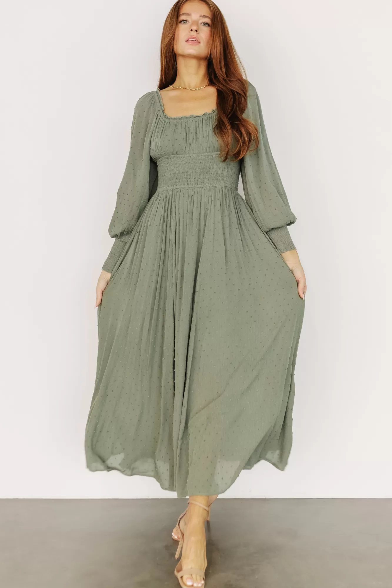 Baltic Born Maxi Dresses | Maxi Dresses | Renata Dot Maxi Dress | Dusty Olive